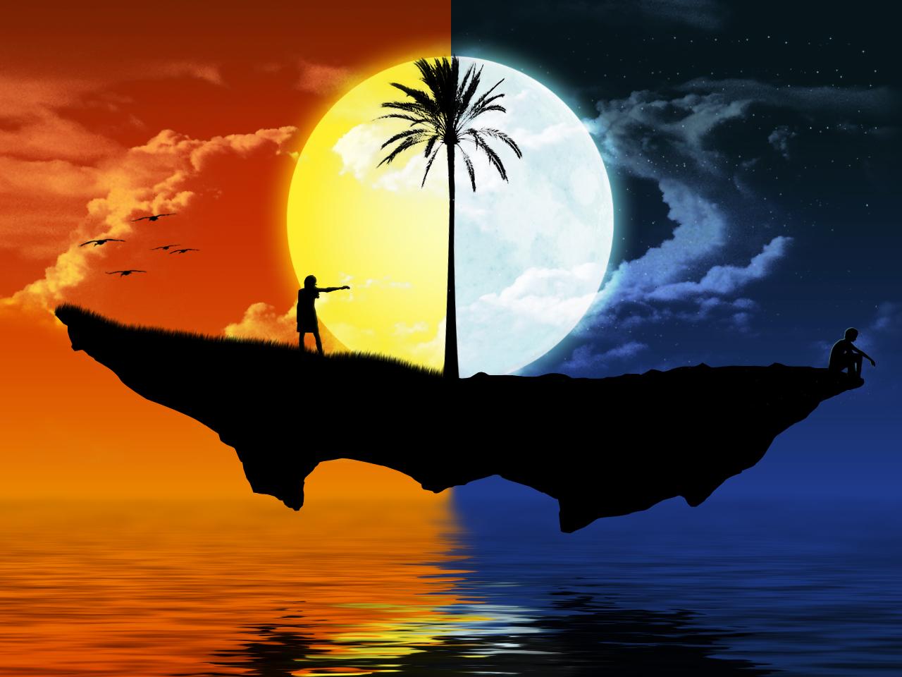 1280x960 sun moon wallpaper, sky, calm, silhouette, horizon, palm tree