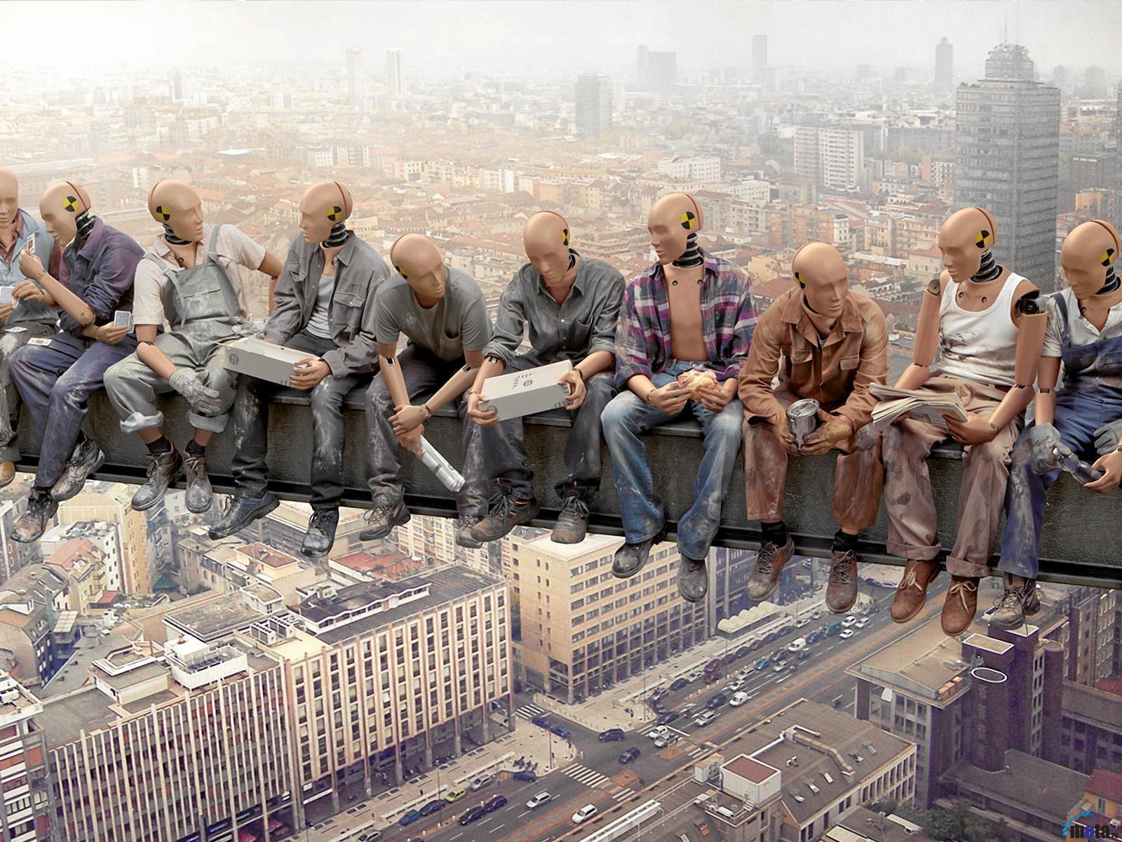 1600x1200 Desktop wallpaper Lunch atop a Skyscraper parody. Fotoğraf manipülasyonu, Robot, Fotoğraf