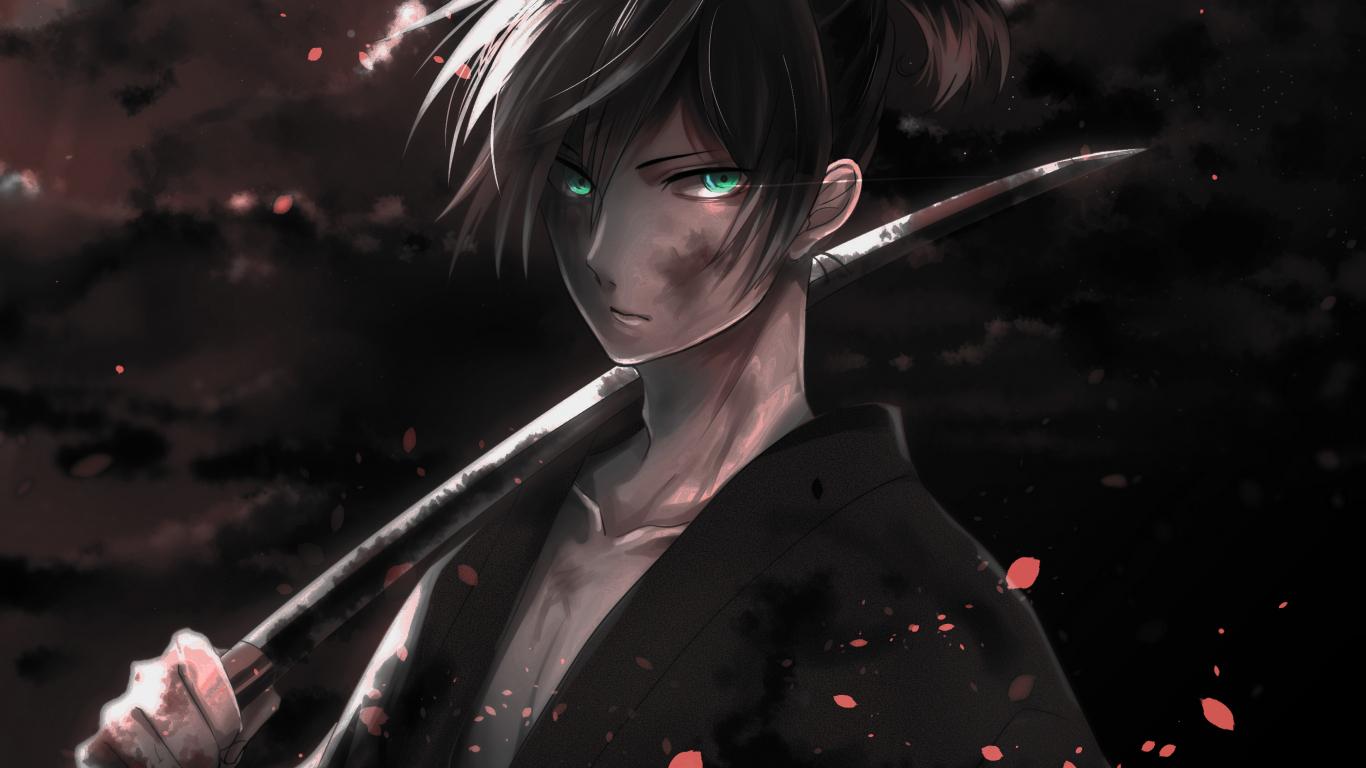 1366x768 Download 1366x768 wallpaper warrior, yato, noragami, dark, anime boy, tablet, laptop, 1366x768 HD image, background, 8459