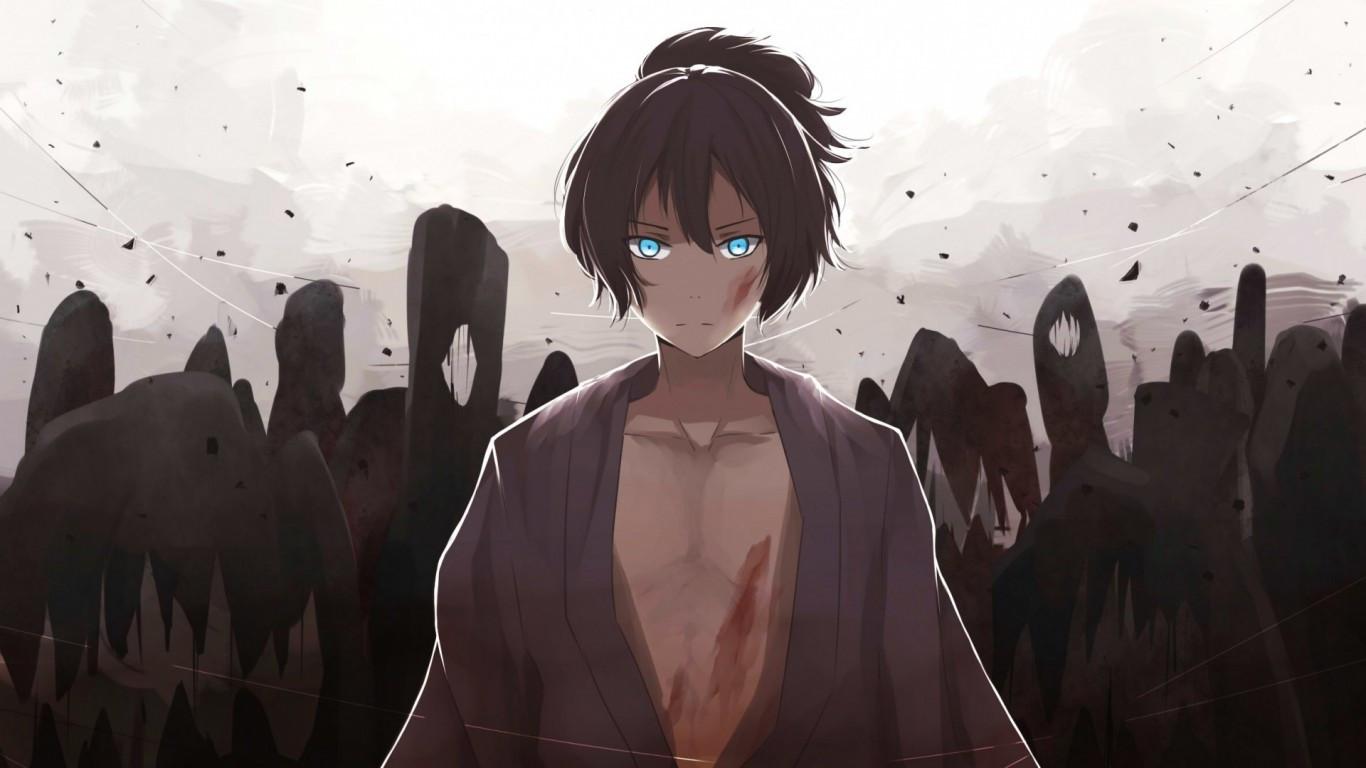 1366x768 Download 1366x768 Noragami, Yato, Blue Eyes, Scars, God Wallpaper for Laptop, Notebook