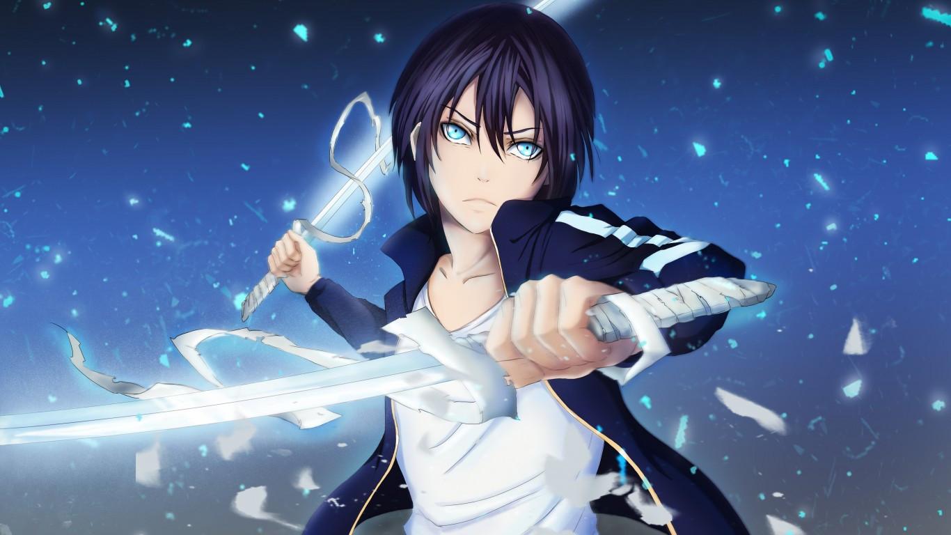 1366x768 Download 1366x768 Noragami, Yato, Dual Sword, Bandage, Blue Eyes Wallpaper for Laptop, Notebook
