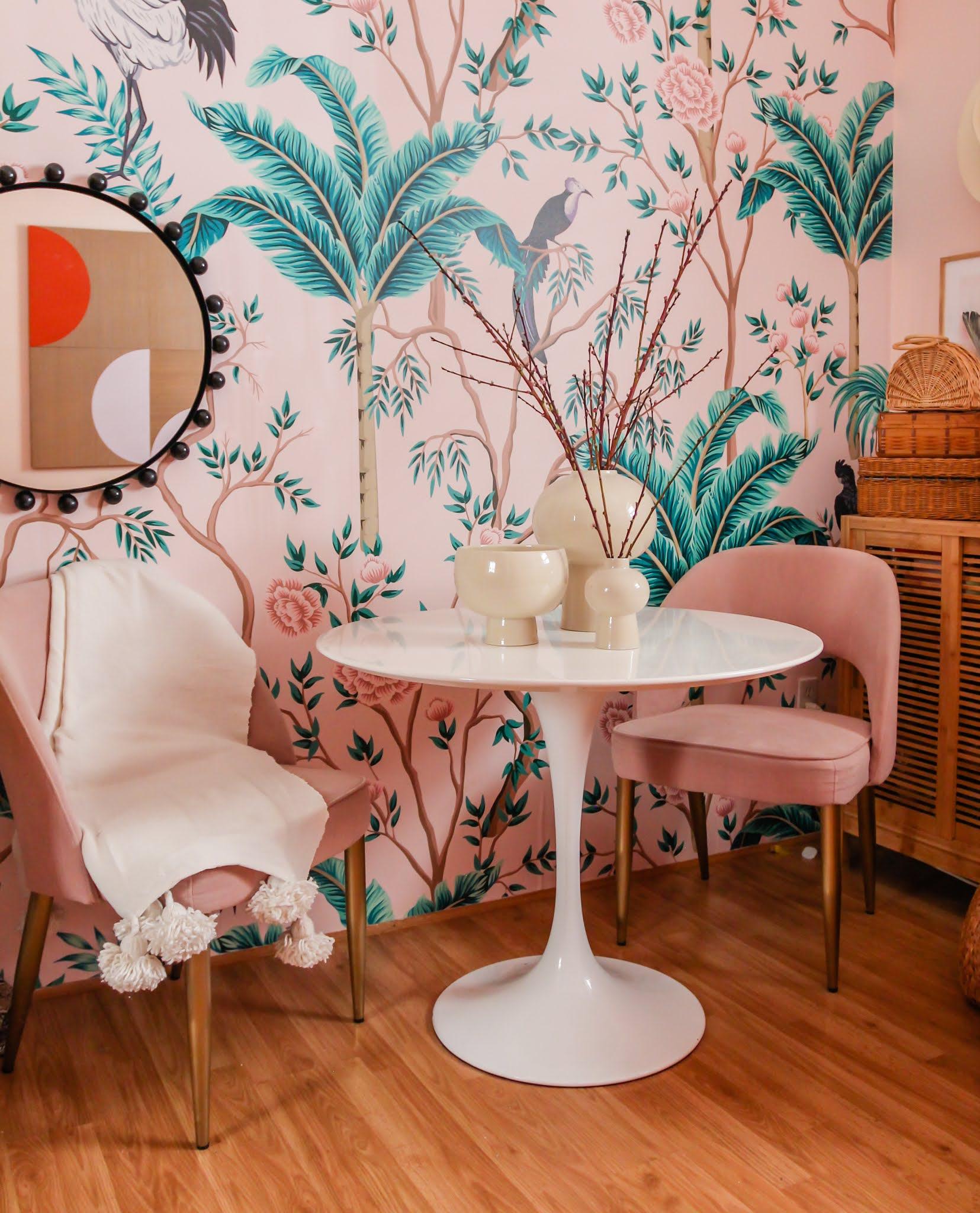 1655x2048 How Cute Is This Small Pink and Orange Office Space With Chinoiserie Tropical Wallpaper