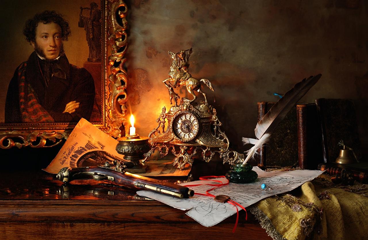 1280x837 Desktop Wallpaper Pistols Pushkin Clock Retro Feathers Candles