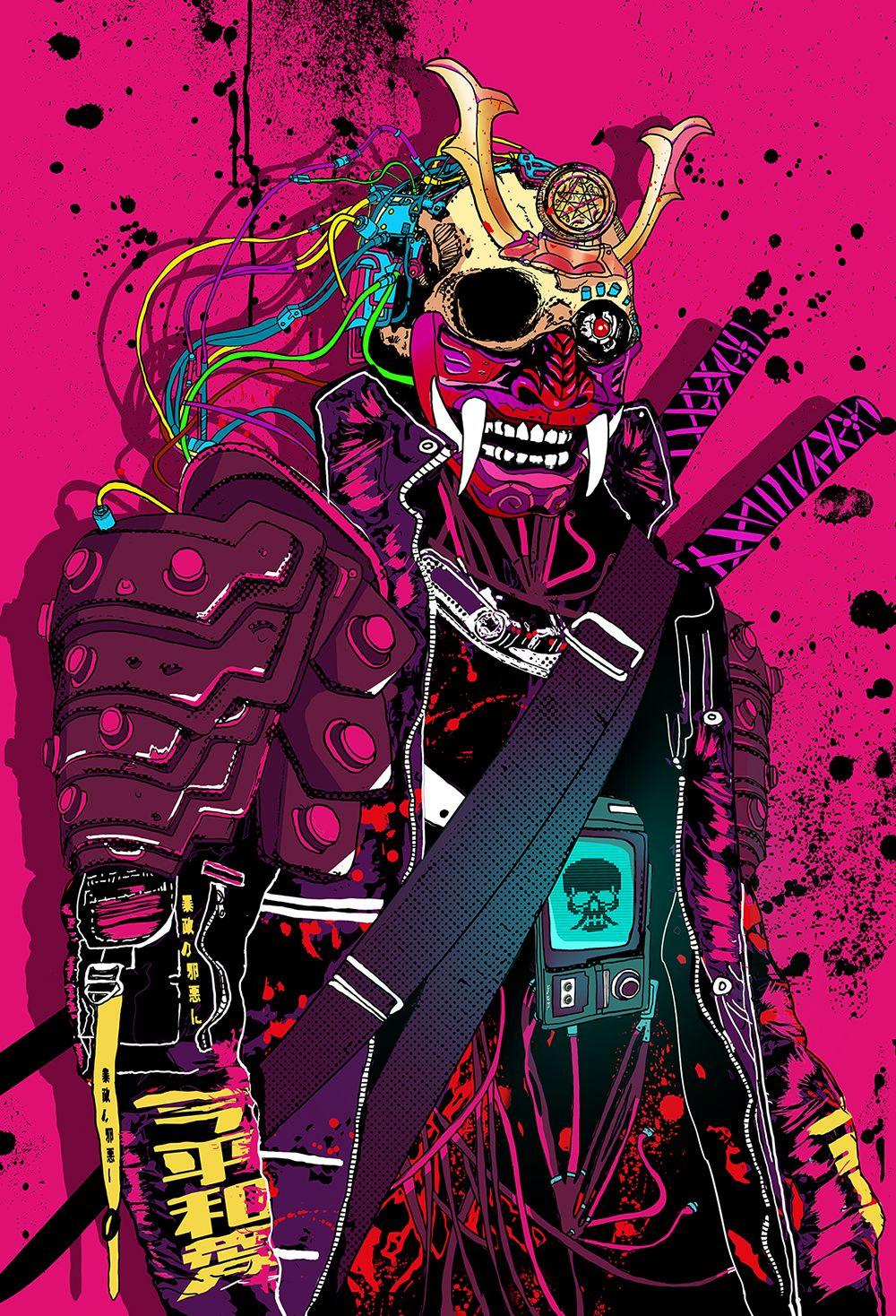 1000x1468 Cyberpunk Samurai Oni Mask Art Print Poster. Cyberpunk art, Samurai art, Samurai artwork