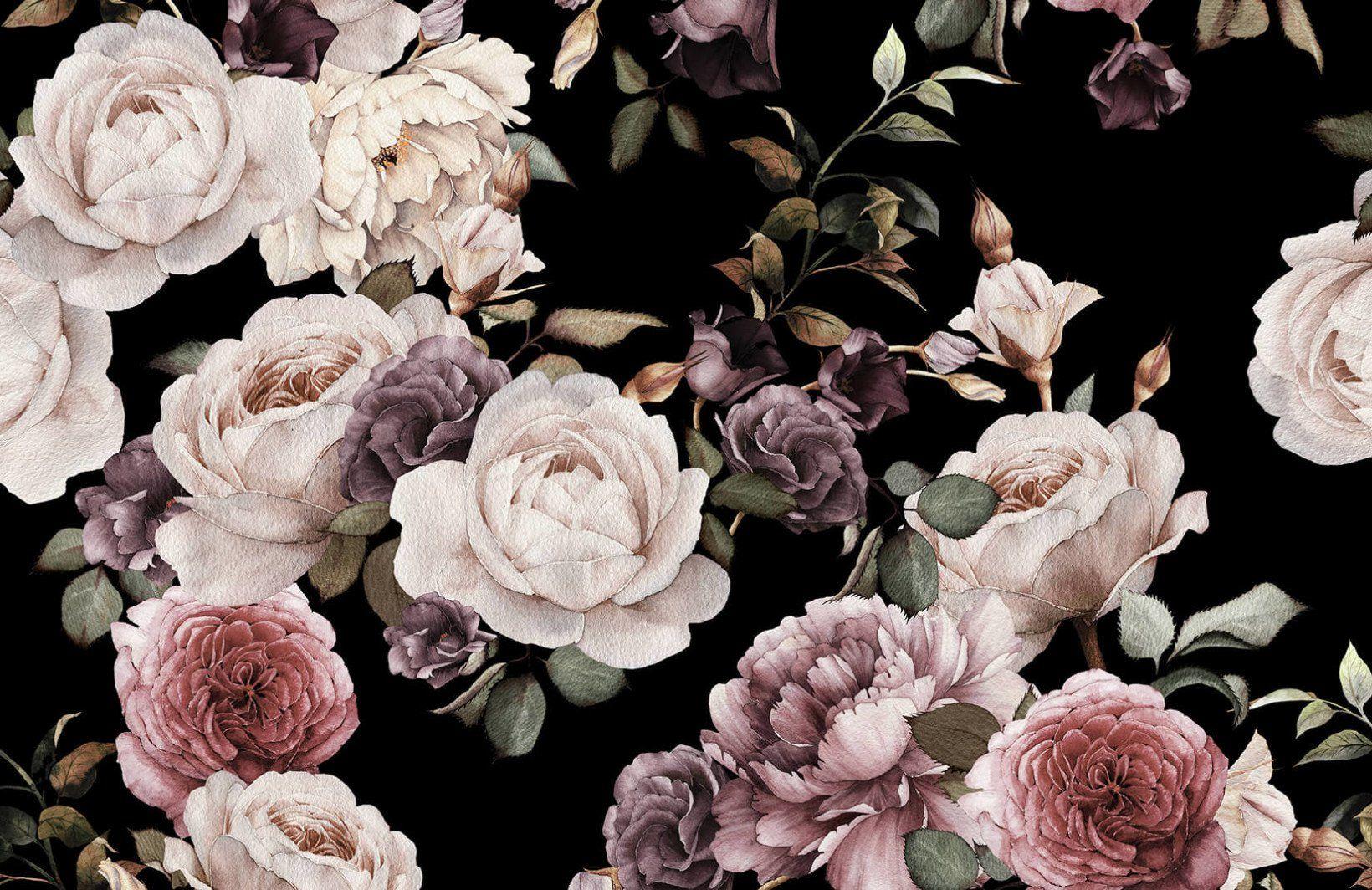 1640x1064 Purple & Pink Dark Floral Wallpaper. Murals Wallpaper. Vintage floral wallpaper, Black floral wallpaper, Floral wallpaper