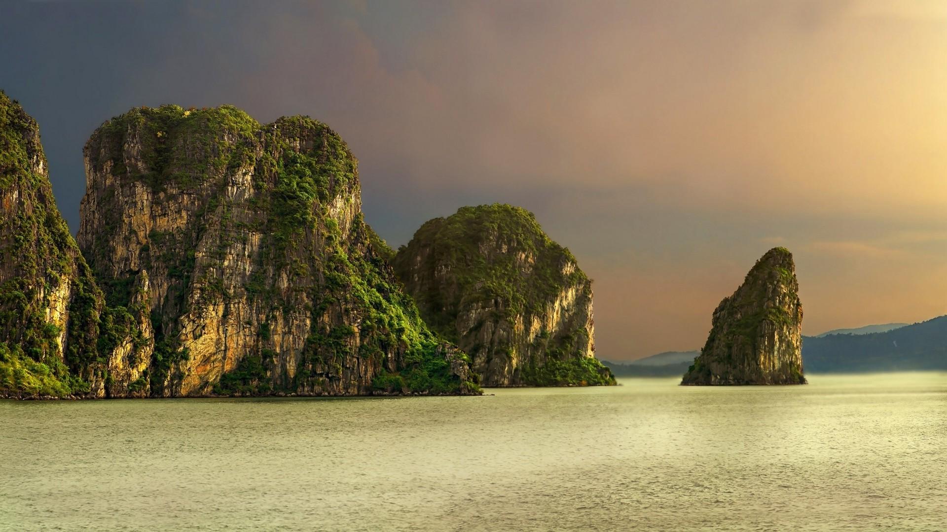 1920x1080 nature, Landscape, Island, Cliff, Limestone, Rock, Sunset, Sea, Clouds, Tropical, Shrubs Wallpaper HD / Desktop and Mobile Background