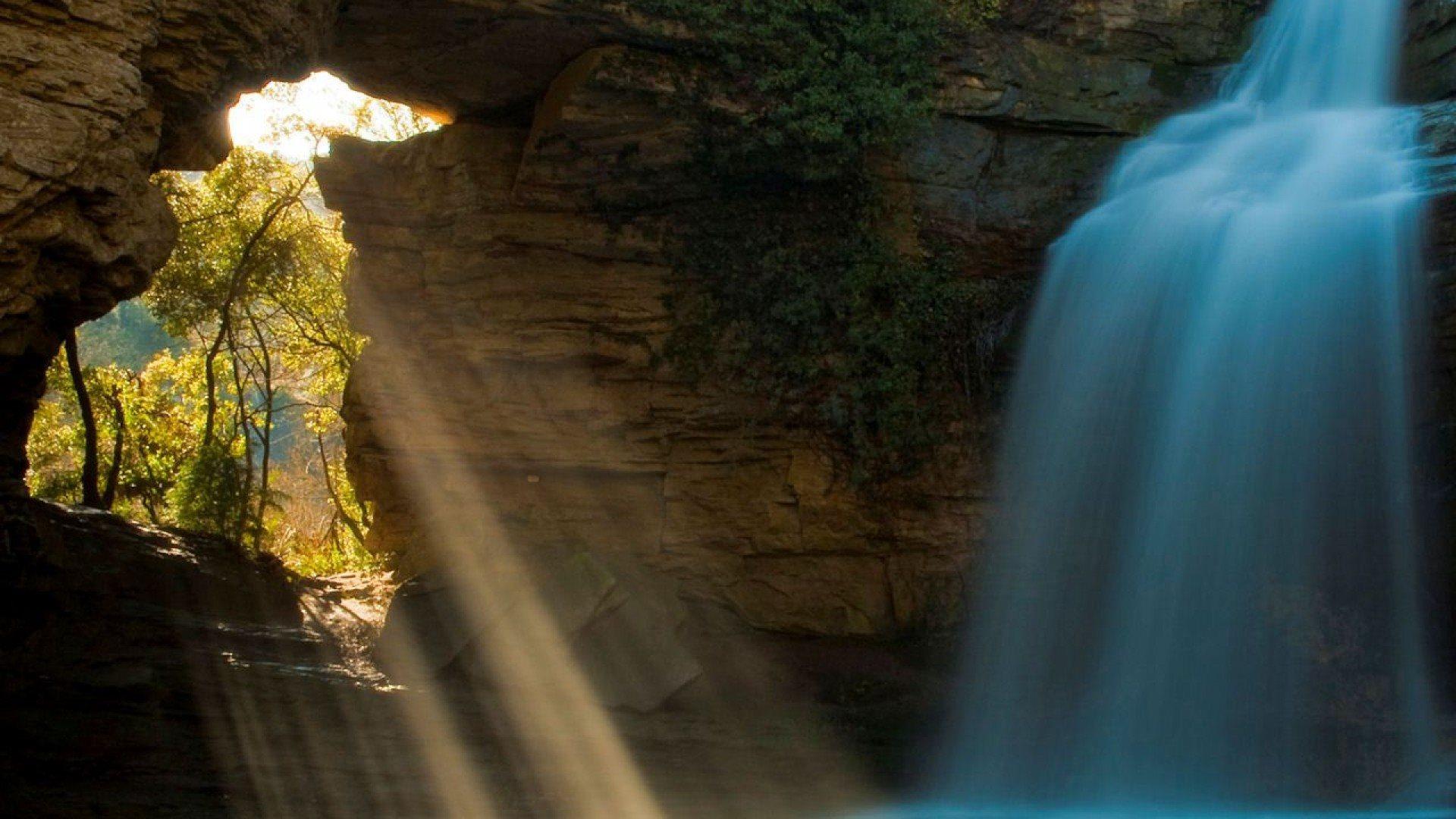 1920x1080 Limestone Cave Waterfall Spain Wallpaper