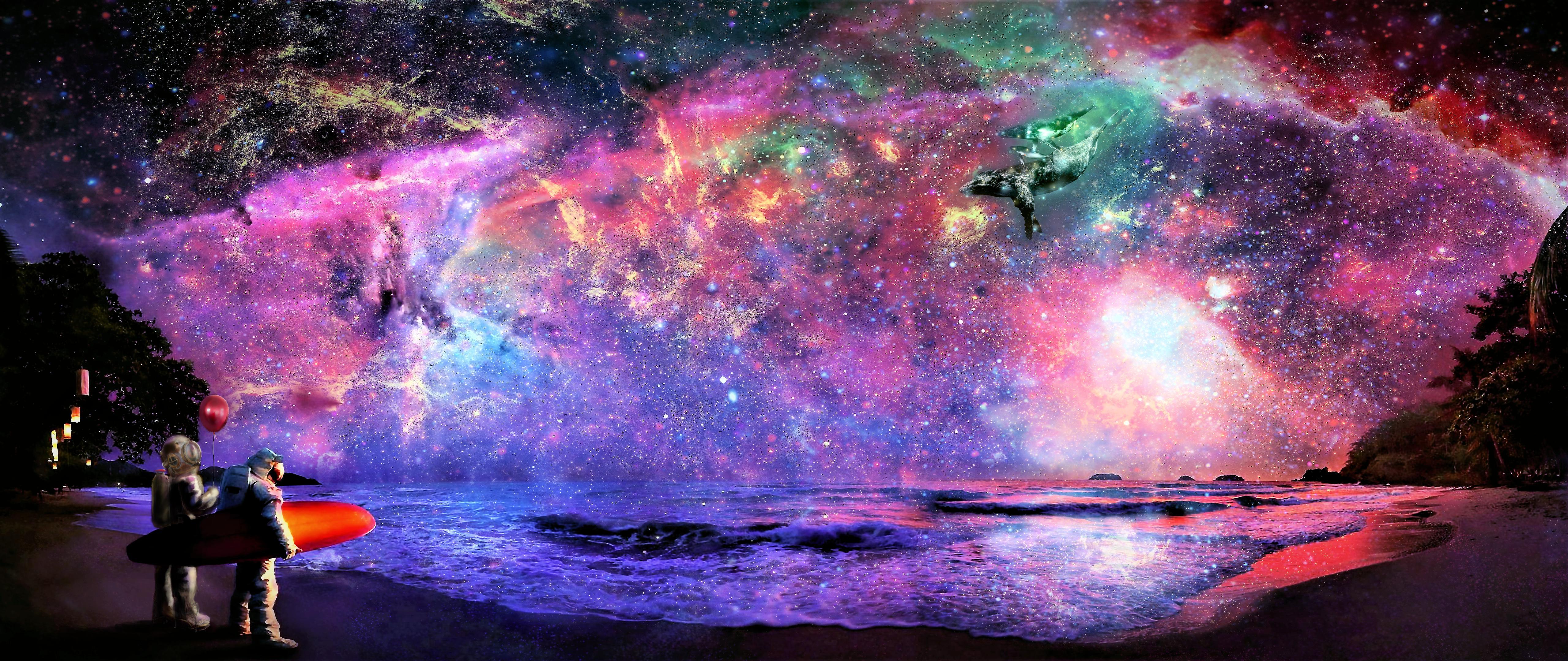 5120x2160 5120x2160) Astronaut Surfer With Diver and Space Whales in Galaxy Beach edited