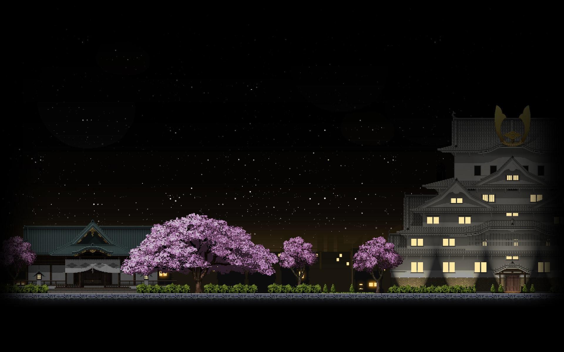 1920x1200 Wallpaper / pixel art, pixelated, nature, landscape, pixels, digital art, trees, cityscape, night, stars, water, blue background, reflection
