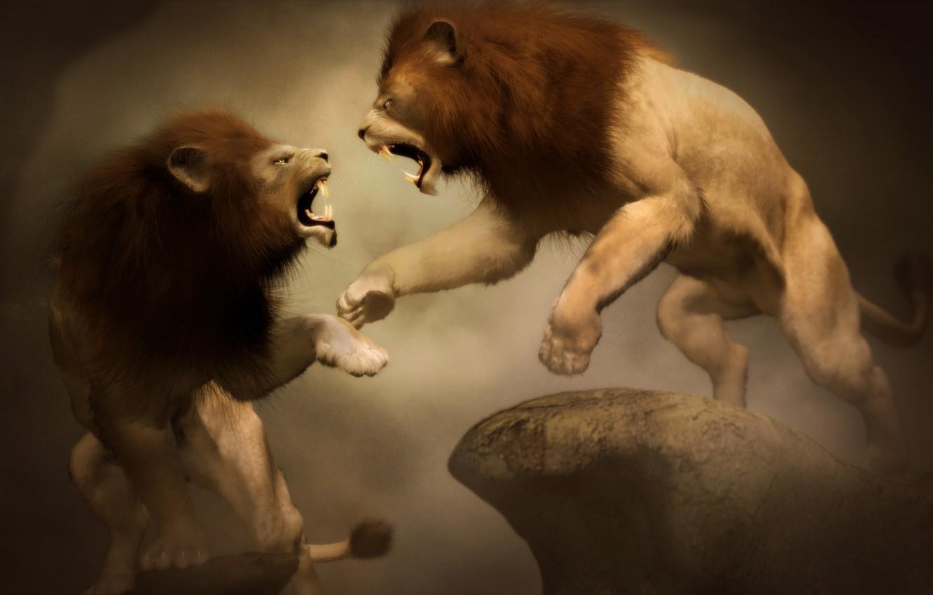 1332x850 Wallpaper rendering, jump, stone, battle, lions, Art image for desktop, section кошки