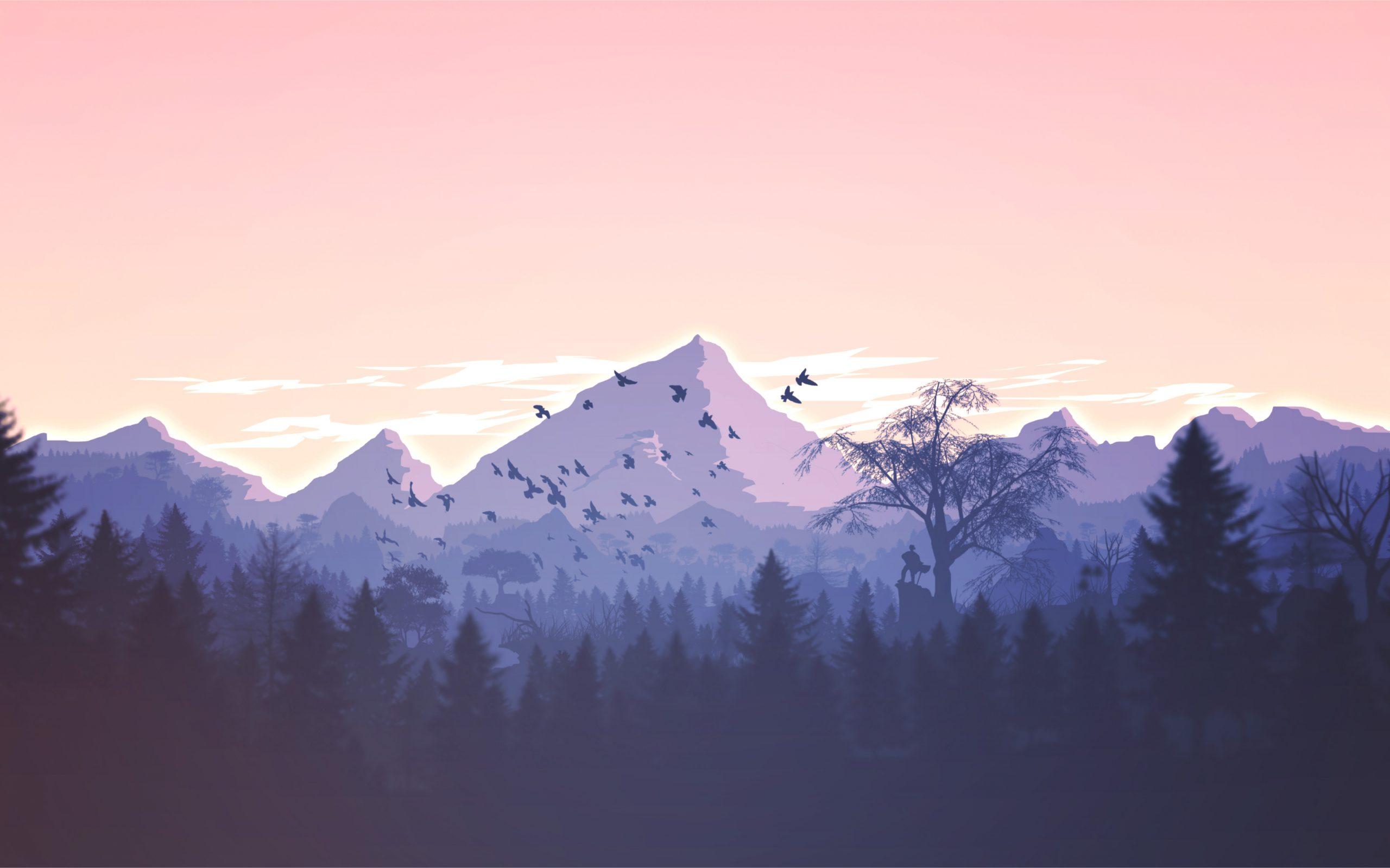 2560x1600 Mountains Trees Orange Blue Birds Art 4K Wallpaper