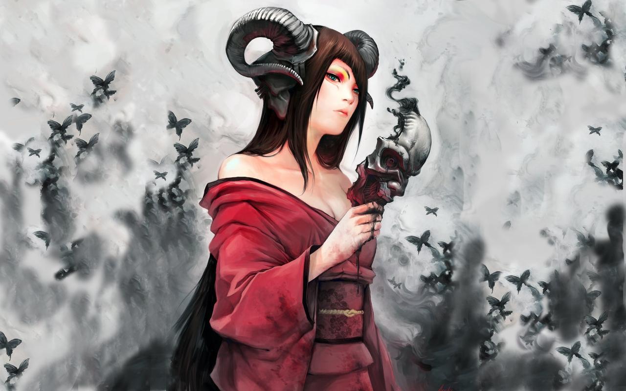 1280x800 women dress succubus demons horns fantasy art masks artwork anime demon girl devil girl soft shading