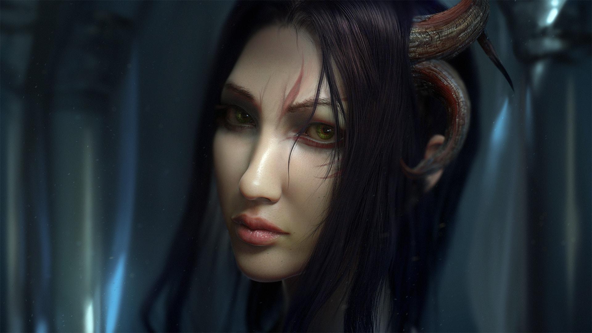 1920x1080 Demon, Face, Girl, Green Eyes, Horns, Woman Wallpaper & Background Image