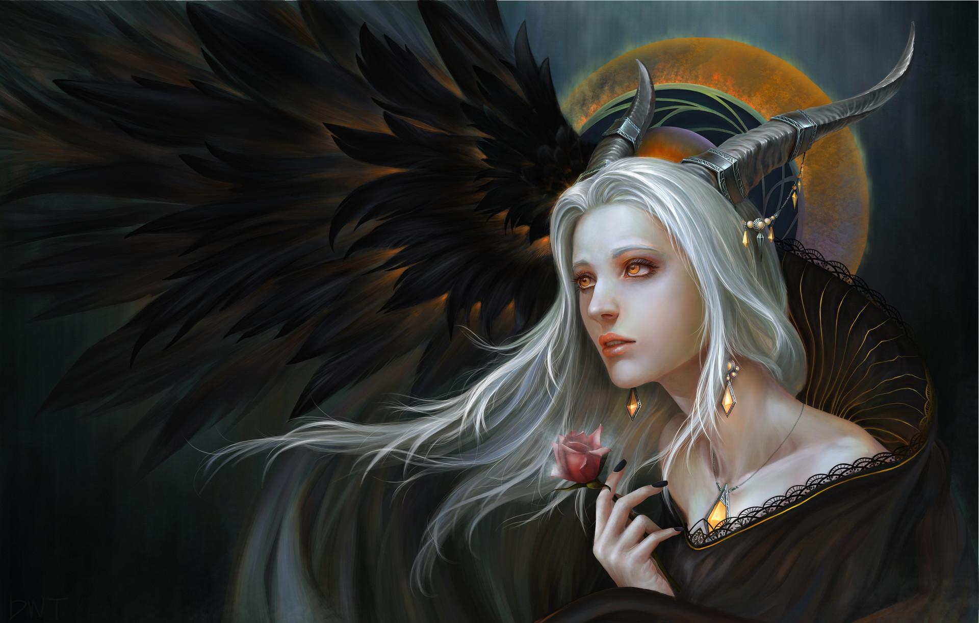 1920x1222 Demon Earrings Girl Horns Long Hair White Hair Woman Yellow Eyes Wallpaper:1920x1222
