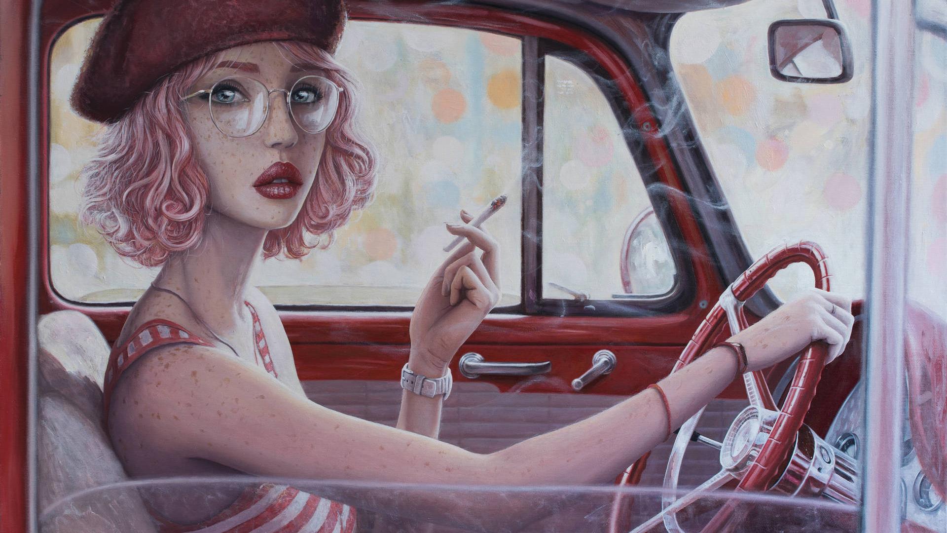 1920x1080 Smoking Cigarette In Car Girl Digital Art Laptop Full HD 1080P HD 4k Wallpaper, Image, Background, Photo and Picture