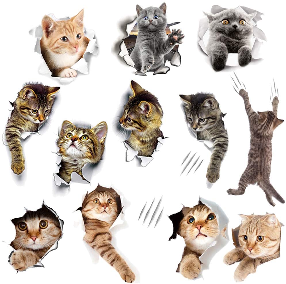 994x986 WMdecal 12PCS Removable 3D Cartoon Animal Cats Vinyl Wall Stickers Easy to Peel and Stick Cute Cat Wallpaper Murals for Nursery Room Toilet Kitchen Offices