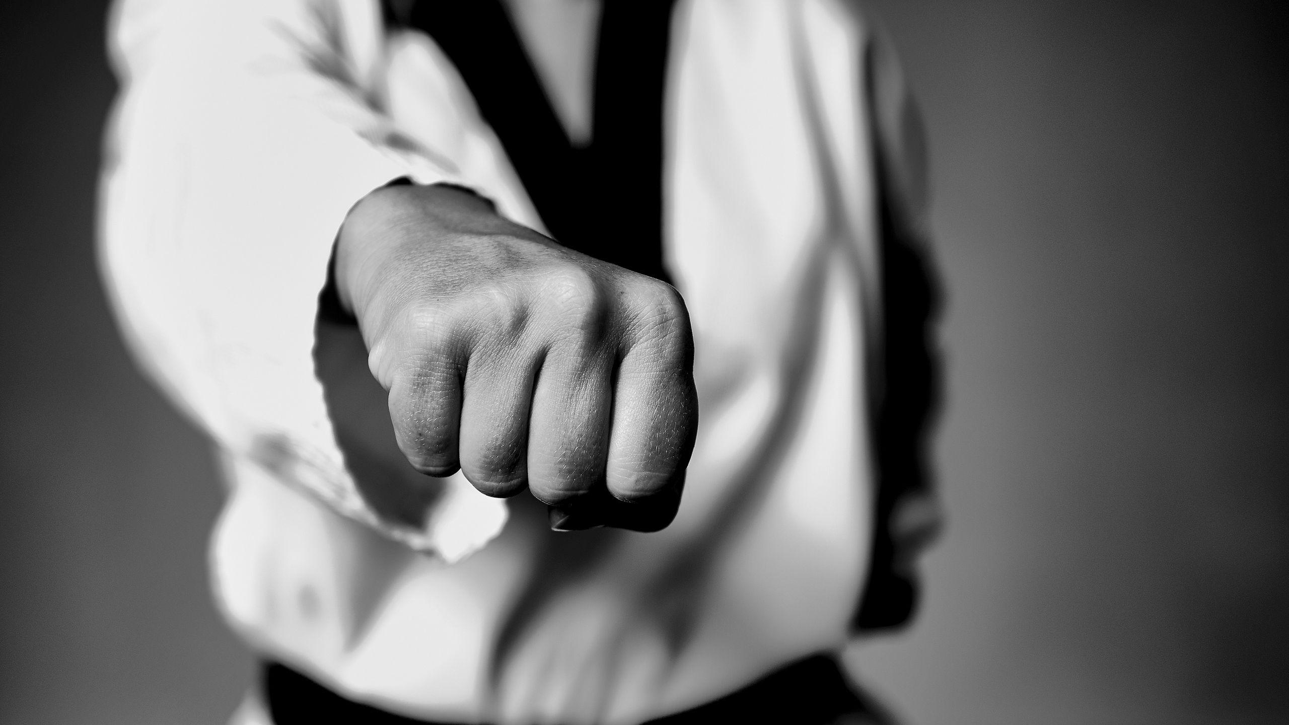 2560x1440 Download wallpaper 2560x1440 taekwondo, fight, fighter, fist, bw