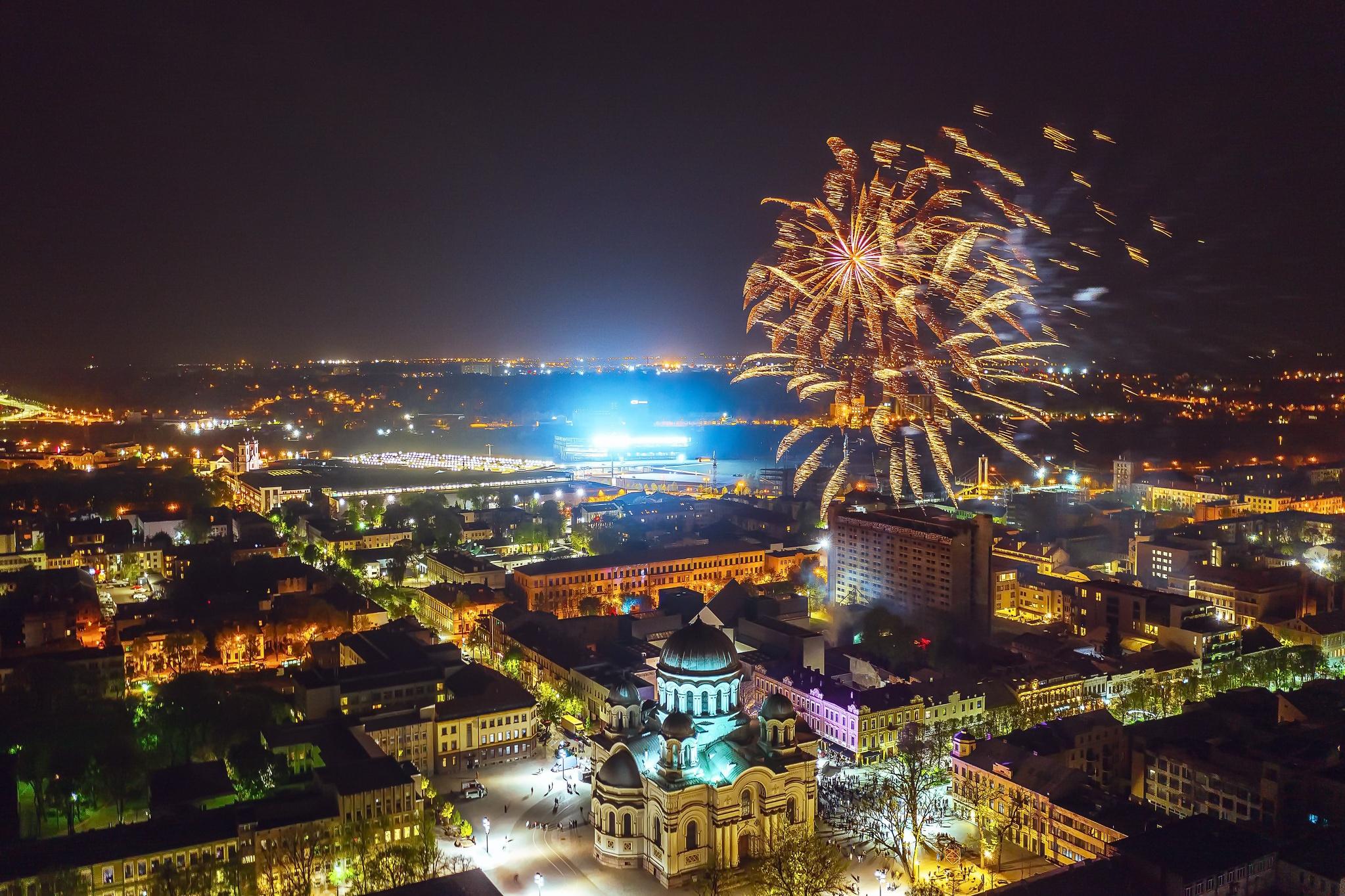 2047x1364 Building City Fireworks Kaunas Lithuania Night Wallpaper:2047x1364