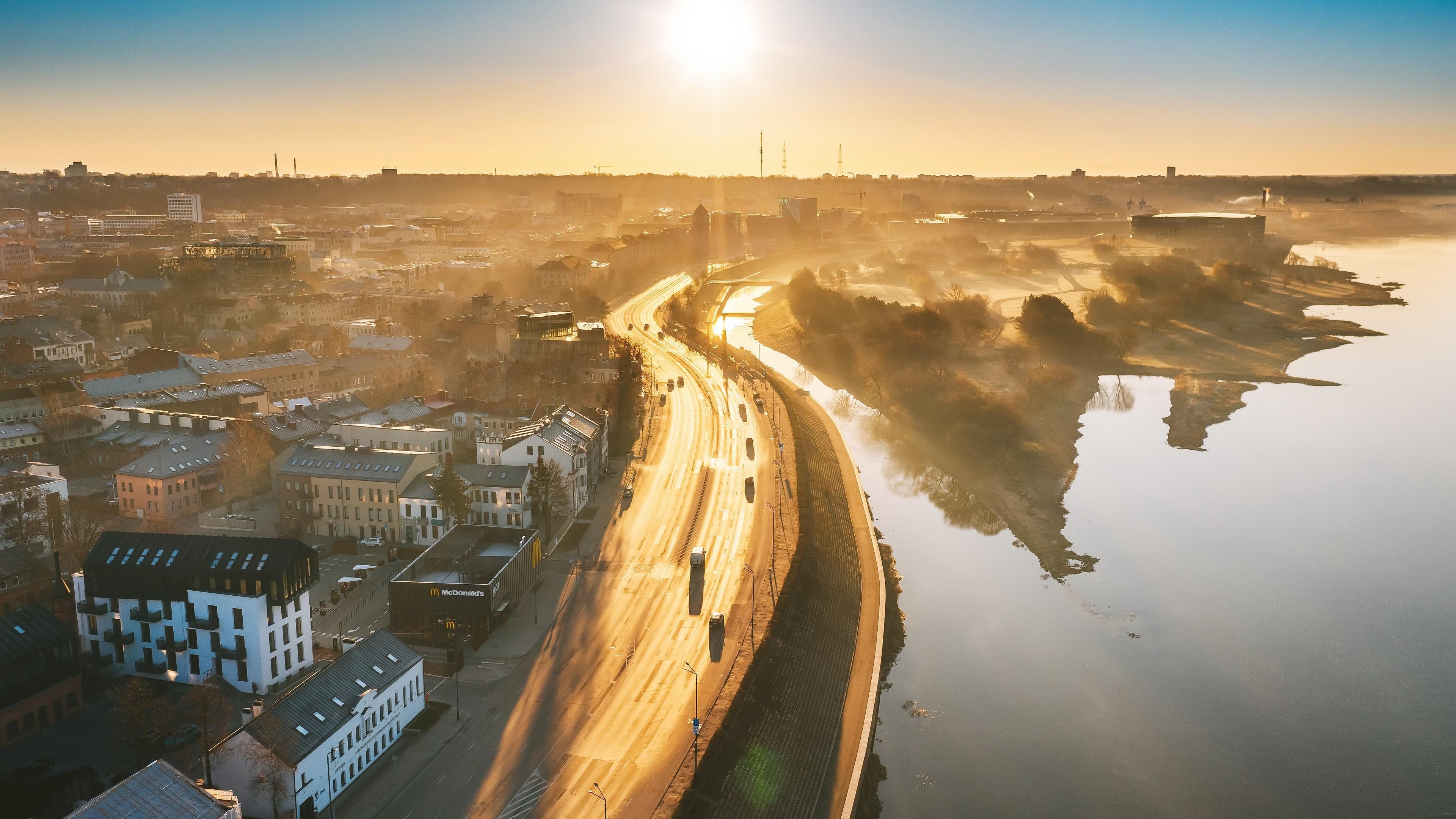 3840x2160 4K, Morning, Roads, Lithuania, Kaunas, From above, Fog. Mocah HD Wallpaper