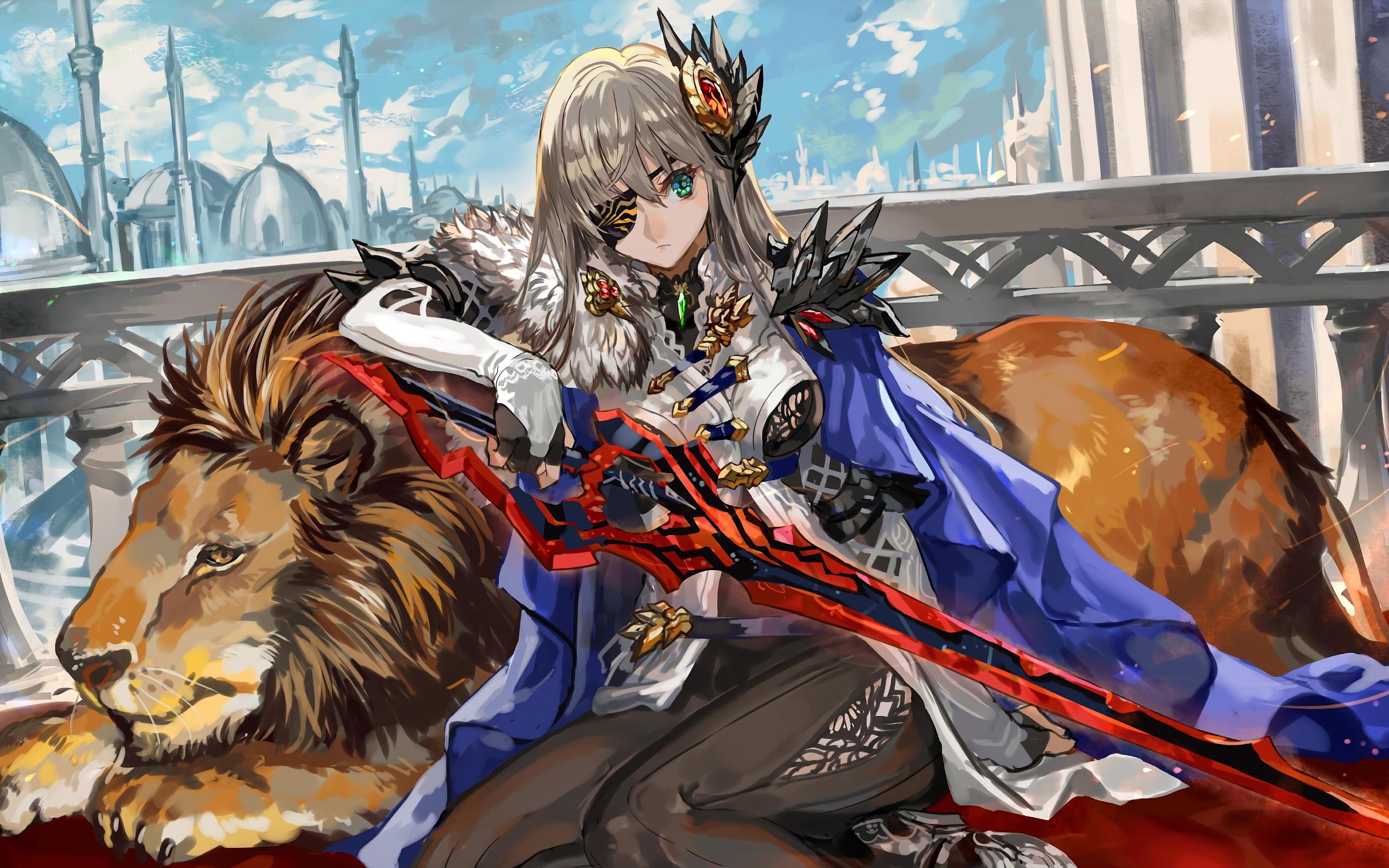 2560x1600 Anime Fantasy Girl Warrior Lion 4K Wallpaper