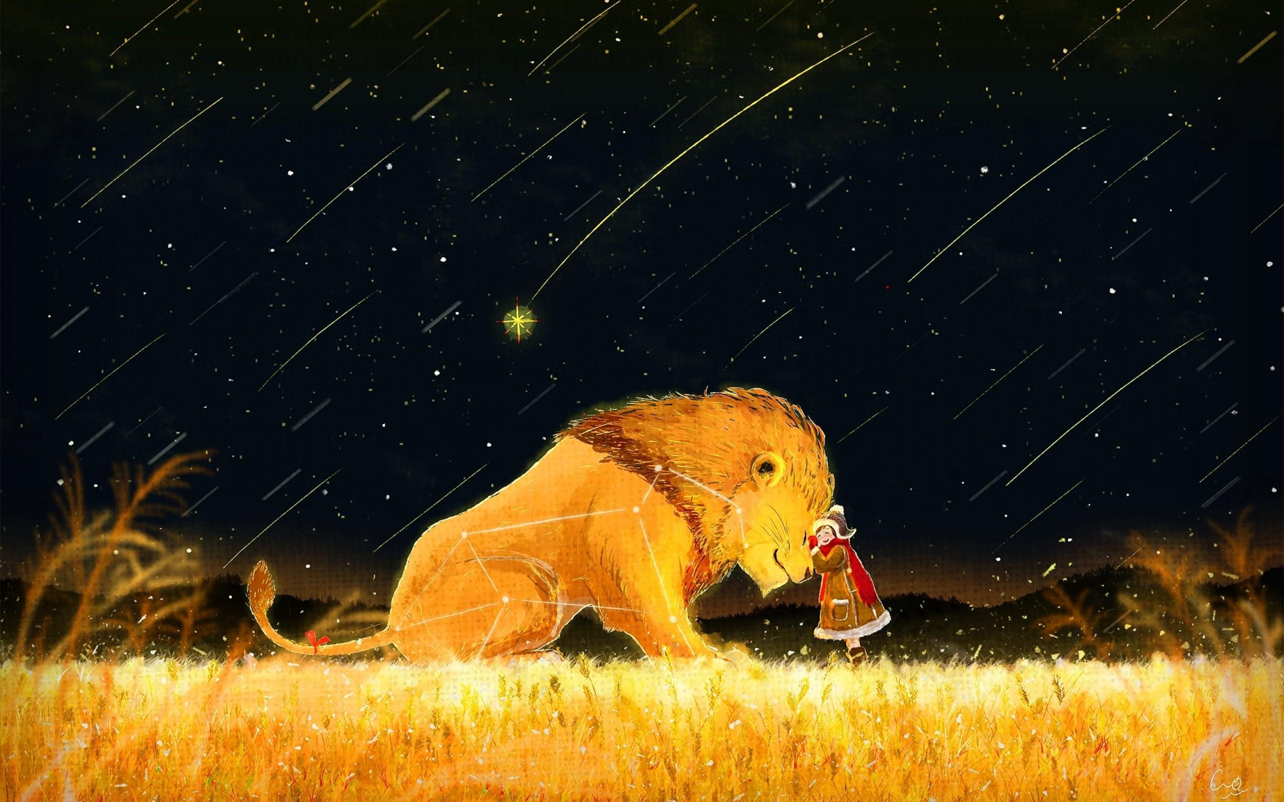 2560x1600 Download 2560x1600 Lion And Kid, Falling Stars, Anime Landscape, Scenic, Night Wallpaper for MacBook Pro 13 inch