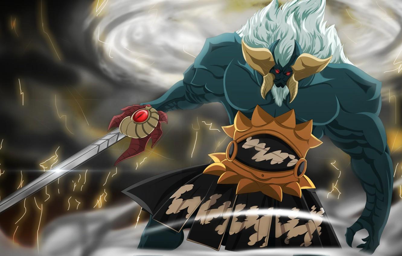 1332x850 Wallpaper sword, game, storm, armor, sky, big, lightning, God of War, anime, cloud, lion, ken, blade, evil, asian, giant image for desktop, section сёнэн