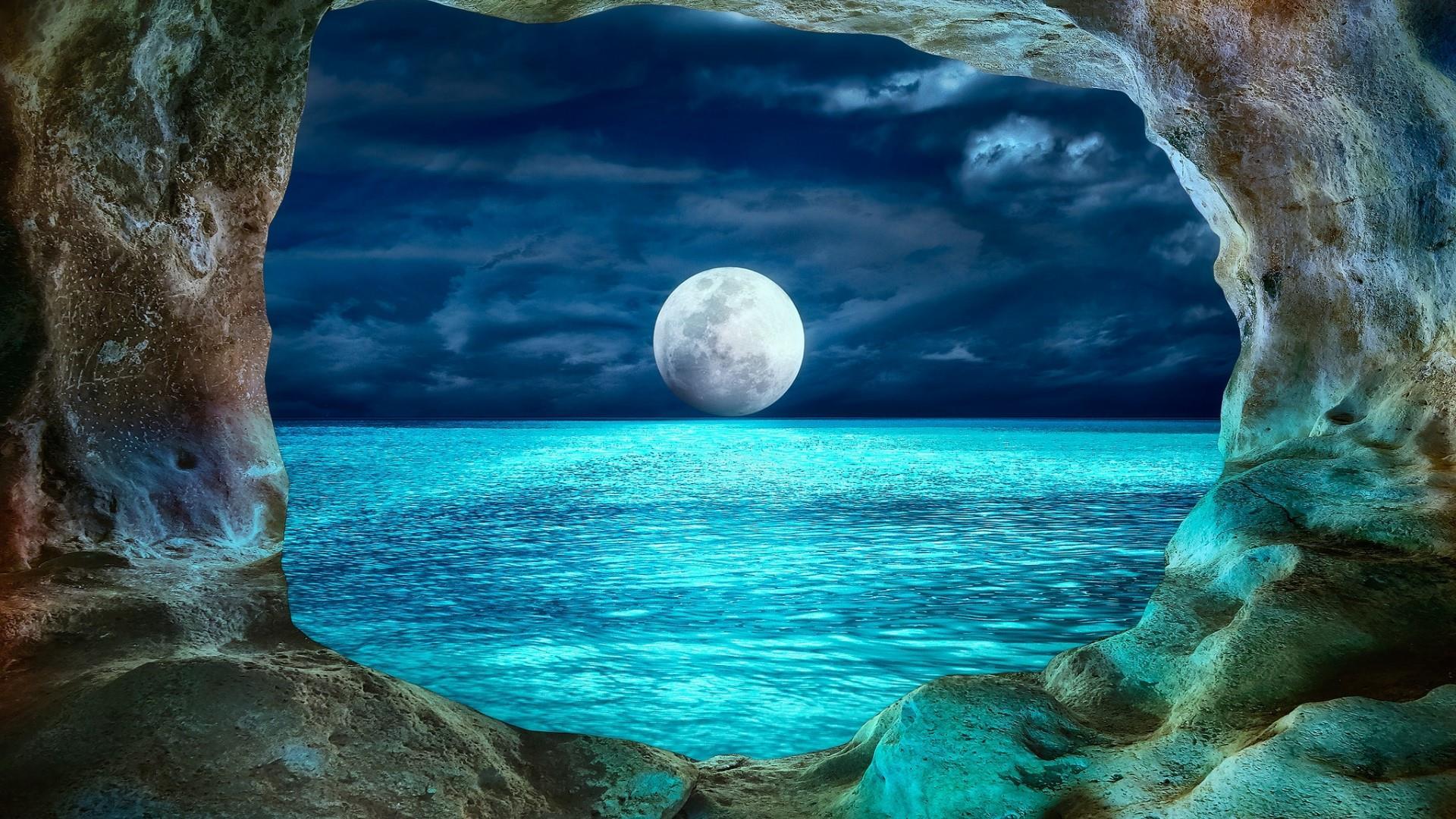 1920x1080 View of Full Moon from Ocean Cave HD Wallpaper
