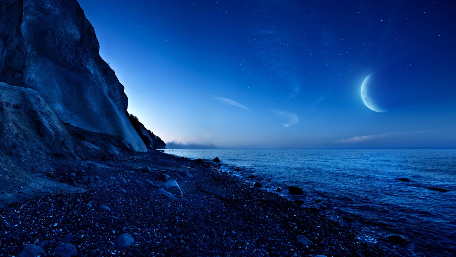 1920x1080 Nightfall Mountain Sea Moon Wallpaper in jpg format for free download