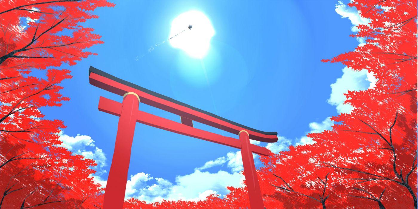 1400x700 Clouds inubashiri momiji seu (hutotomomo) sky torii touhou tree wallpaperx1280