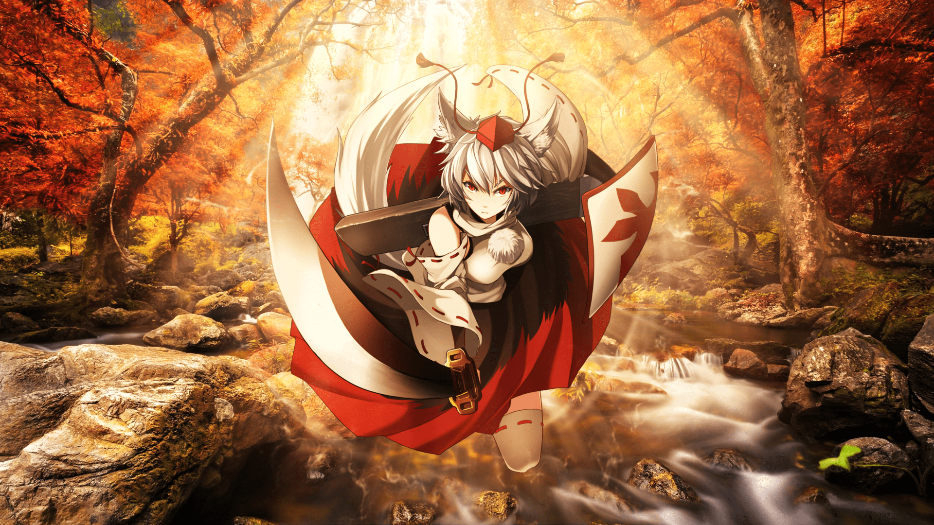 1920x1080 #Inubashiri Momiji, #rock, #white Hair, #Okamimimi, #fall, #Tokin Hat, #short Hair, #landscape, #Touhou, #red Eyes, #katana, #detached Sleeves, #bangs, #thigh Highs, Wallpaper. Mocah HD Wallpaper