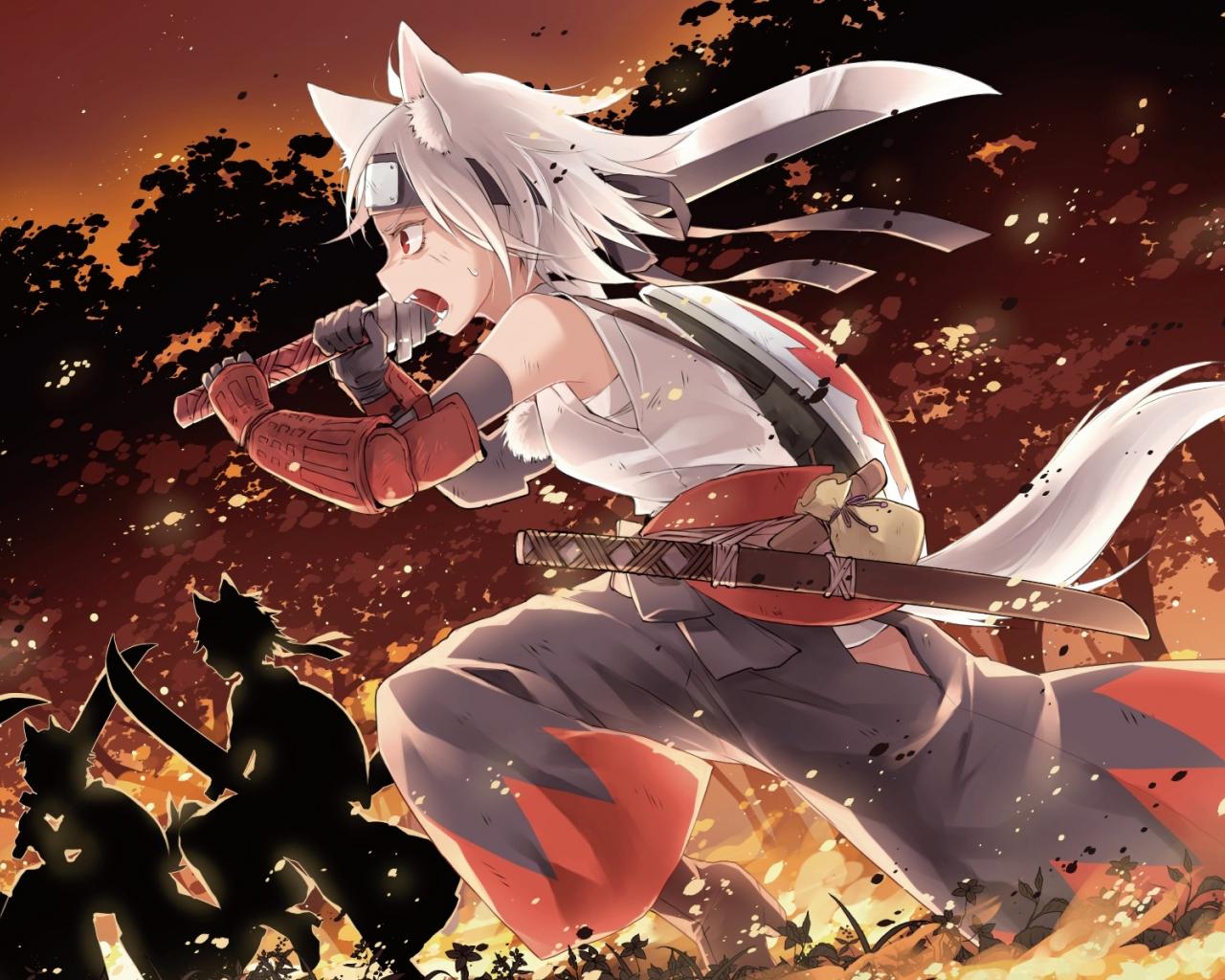1280x1024 Desktop Wallpaper Fight, Sword, Momiji Inubashiri, Touhou, Anime Girl, HD Image, Picture, Background, Fb9b57