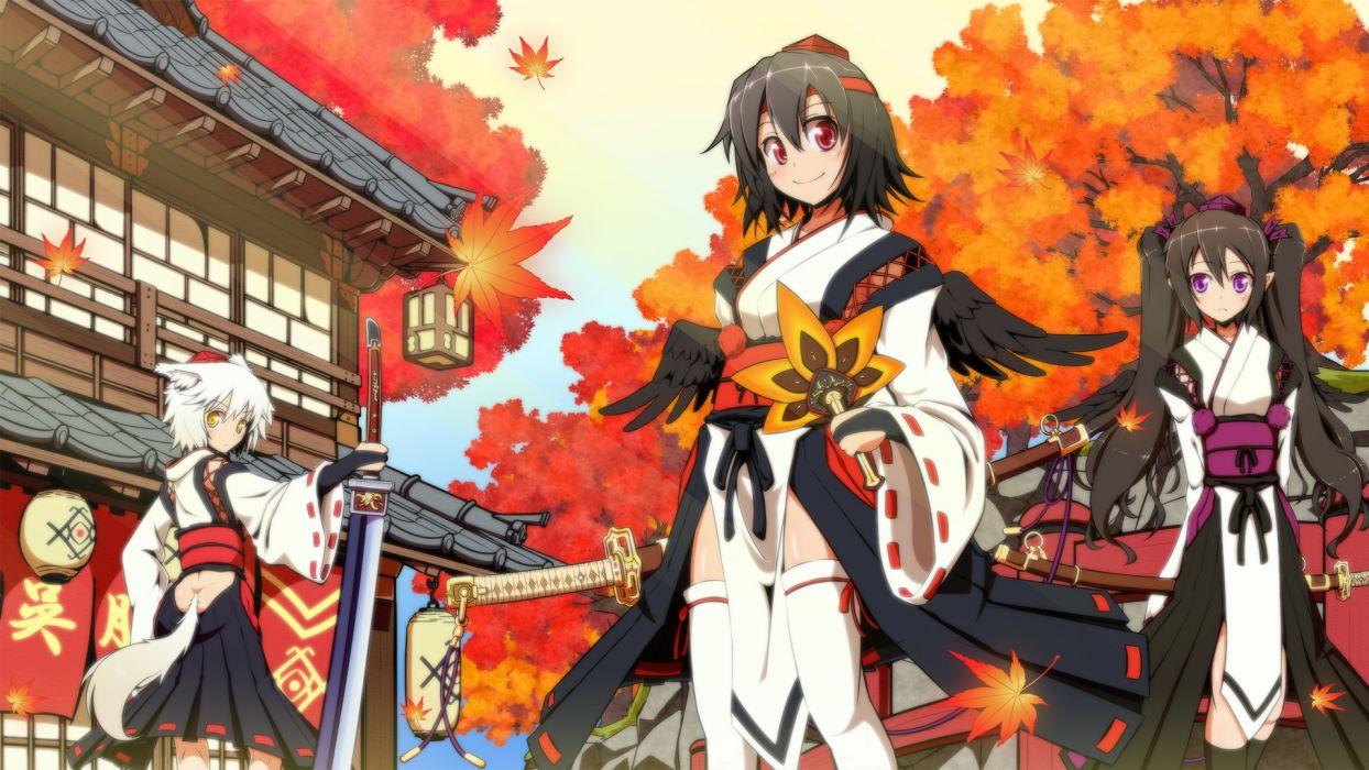 1244x700 Autumn himekaidou hatate inubashiri momiji japanese clothes mueojisan shameimaru aya tail touhou wings wolfgirl wallpaperx1080