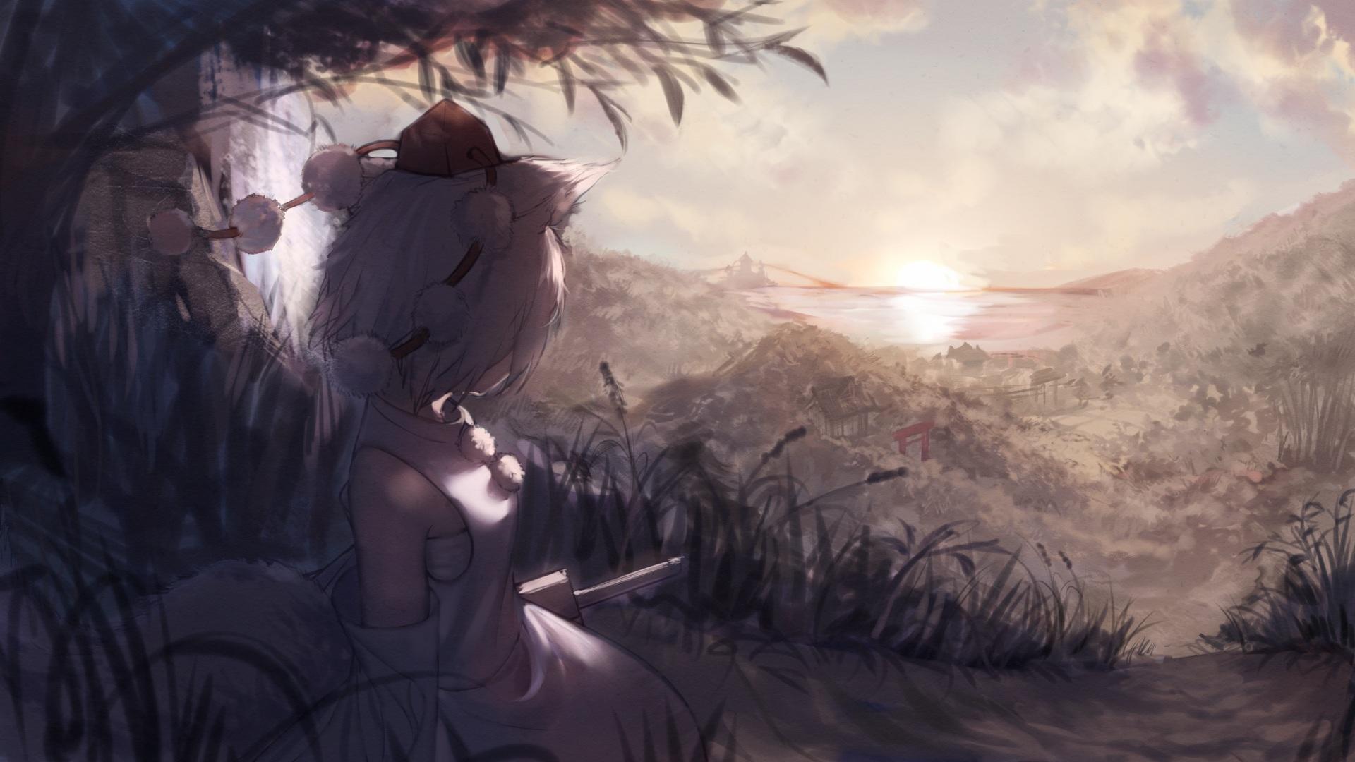 1920x1080 chun lanlanlan touhou inubashiri momiji animal ears landscape sarashi sword tail wallpaper