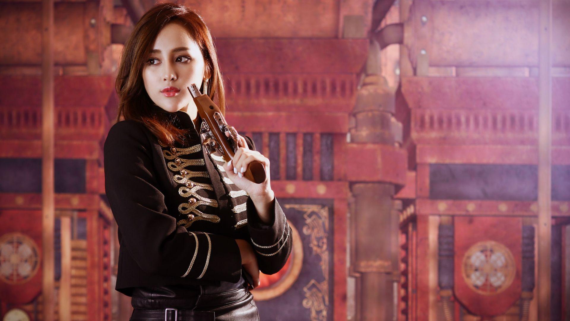 1920x1080 Desktop Wallpaper Asian Girl Model, Vintage Gun, Brunette, 4k, HD Image, Picture, Background, D8f8a0