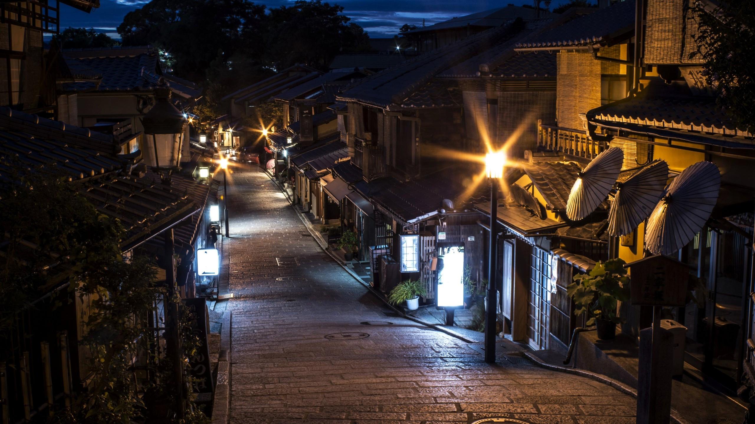 2560x1440 Download 2560x1440 Japan Traditional Houses, Street, Light, Night Wallpaper for iMac 27 inch