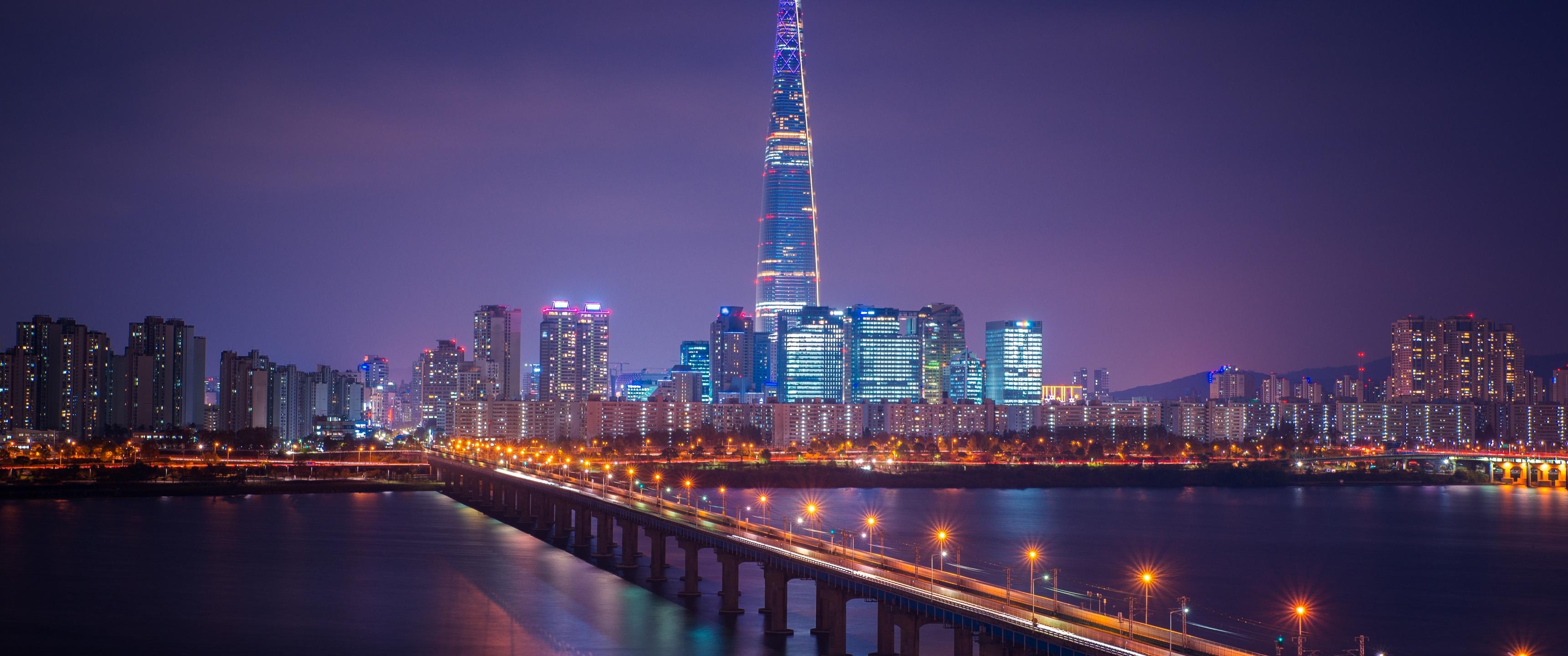 3440x1440 Lotte Tower Wallpaper 4K, Seoul, Cityscape, Bridge, Night, City lights, World