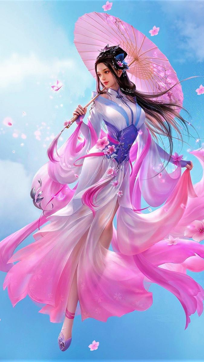 675x1200 Fantasy angel girl in pink dress in sky with umbrella wallpaper