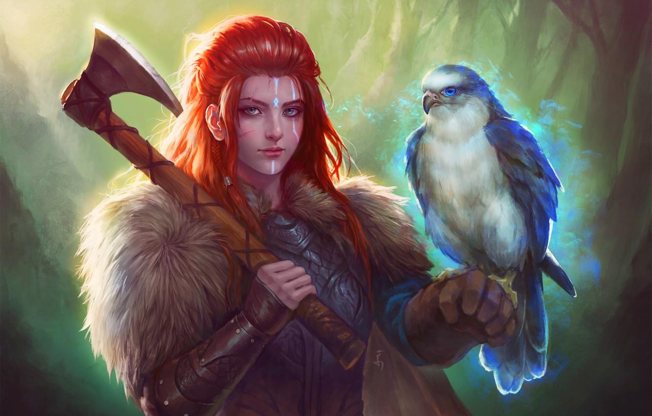 1332x850 Wallpaper Girl, Bird, Falcon, Girl, Axe, Companion, Red, Falcon, Bird, Illustration, Viking, Viking, Redhead, Characters, Characters, Illustration image for desktop, section фантастика