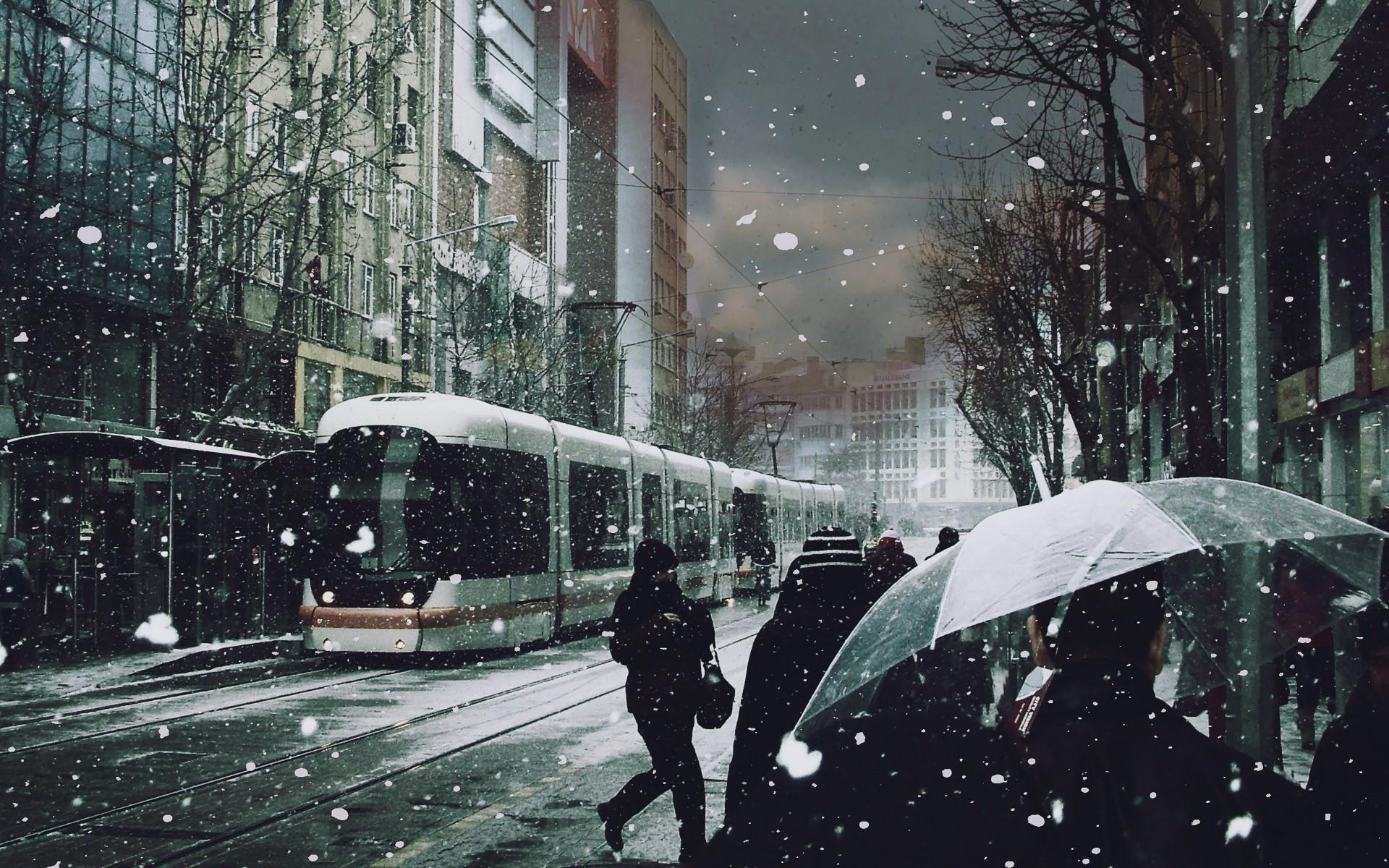 1920x1200 winter, season, Trees, Cityscapes, Streets, Tram, Roads, Snowing Wallpaper HD / Desktop and Mobile Background