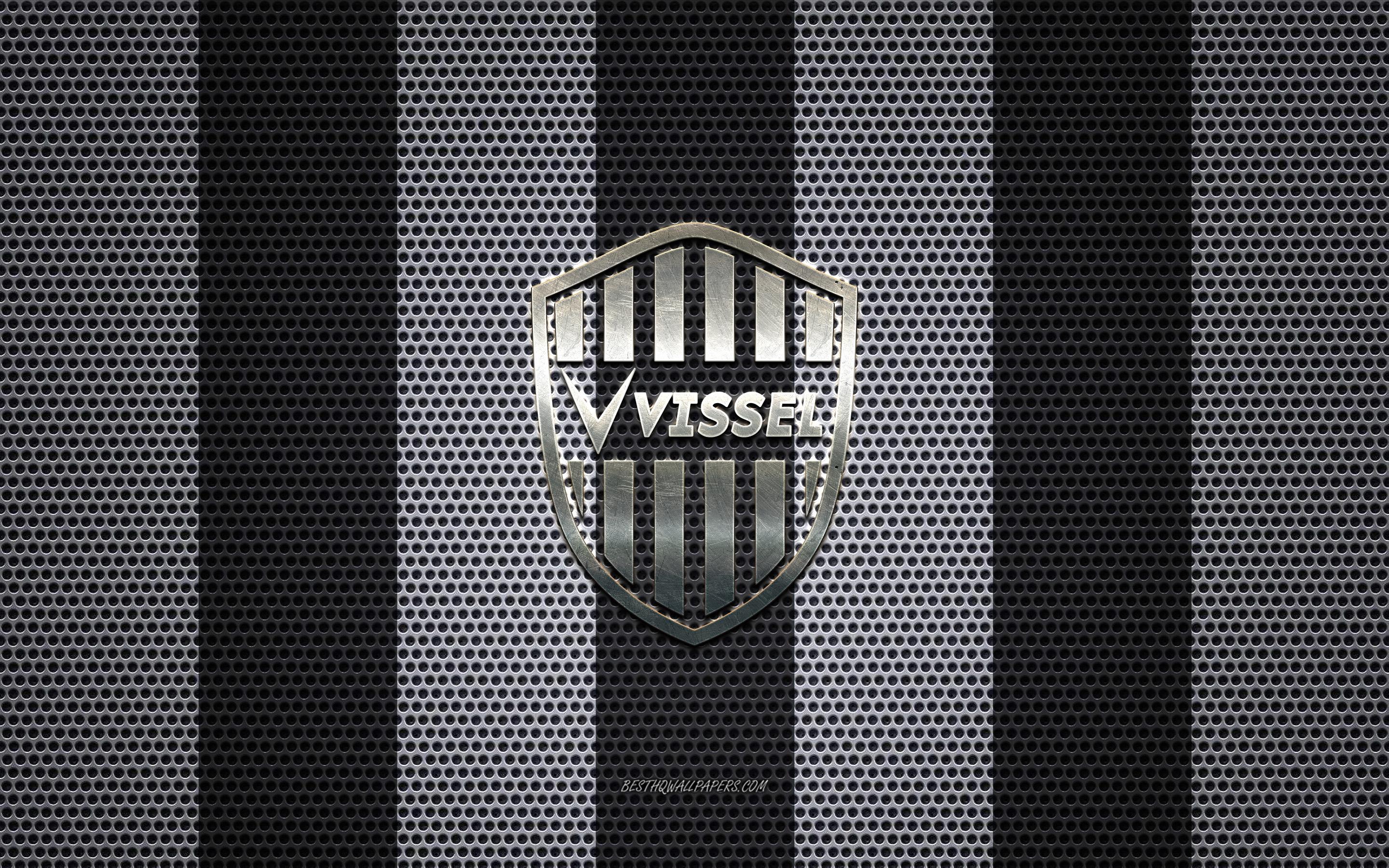 2880x1800 Download wallpaper Vissel Kobe logo, Japanese football club, metal emblem, black white metal mesh background, Vissel Kobe, J1 League, Kobe, Japan, football, Japan Professional Football League for desktop with resolution 2880x1800. High