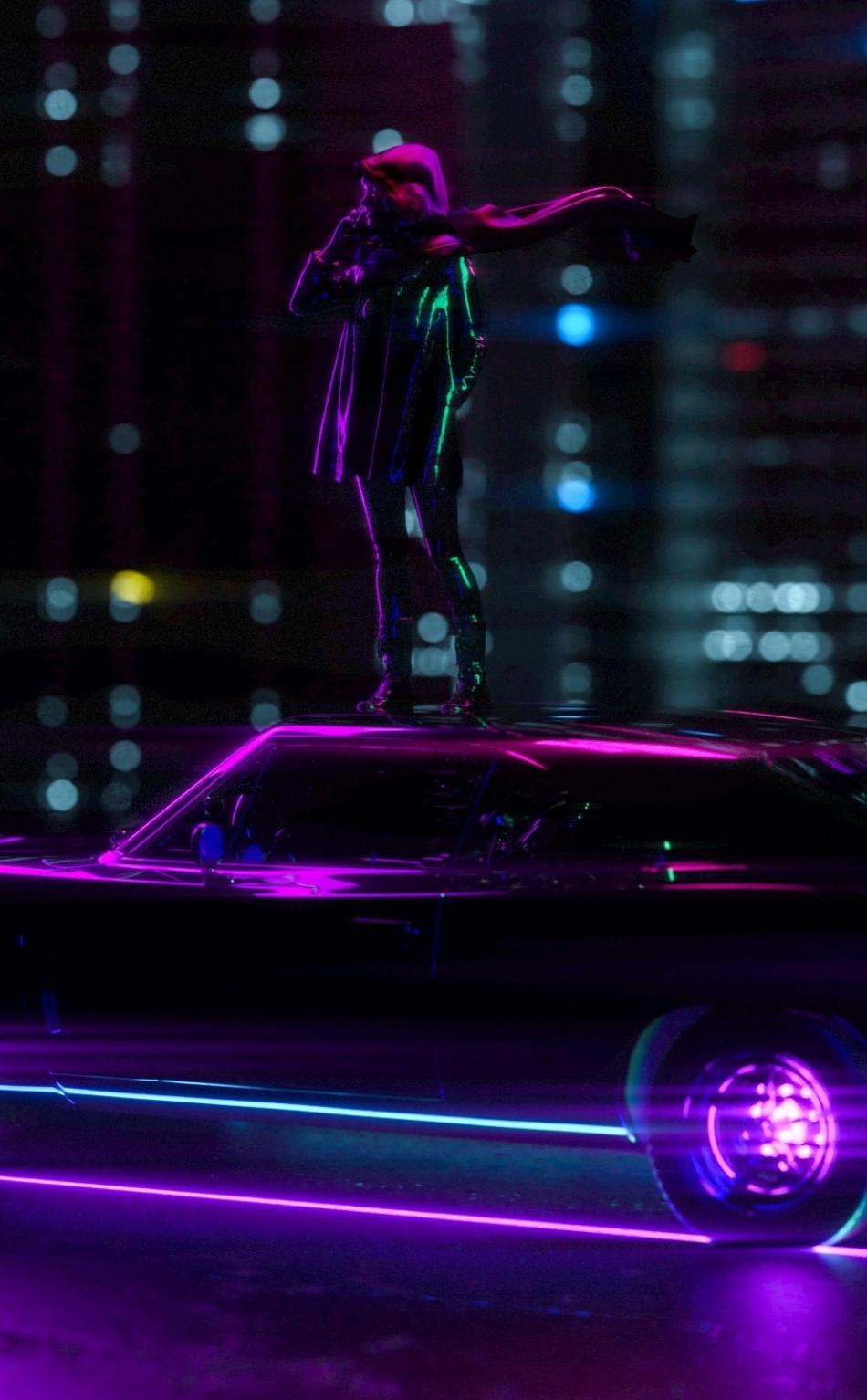950x1534 Girl Standing On Car, Light Trails, Neon, City, Wallpaper Car Wallpaper Phone