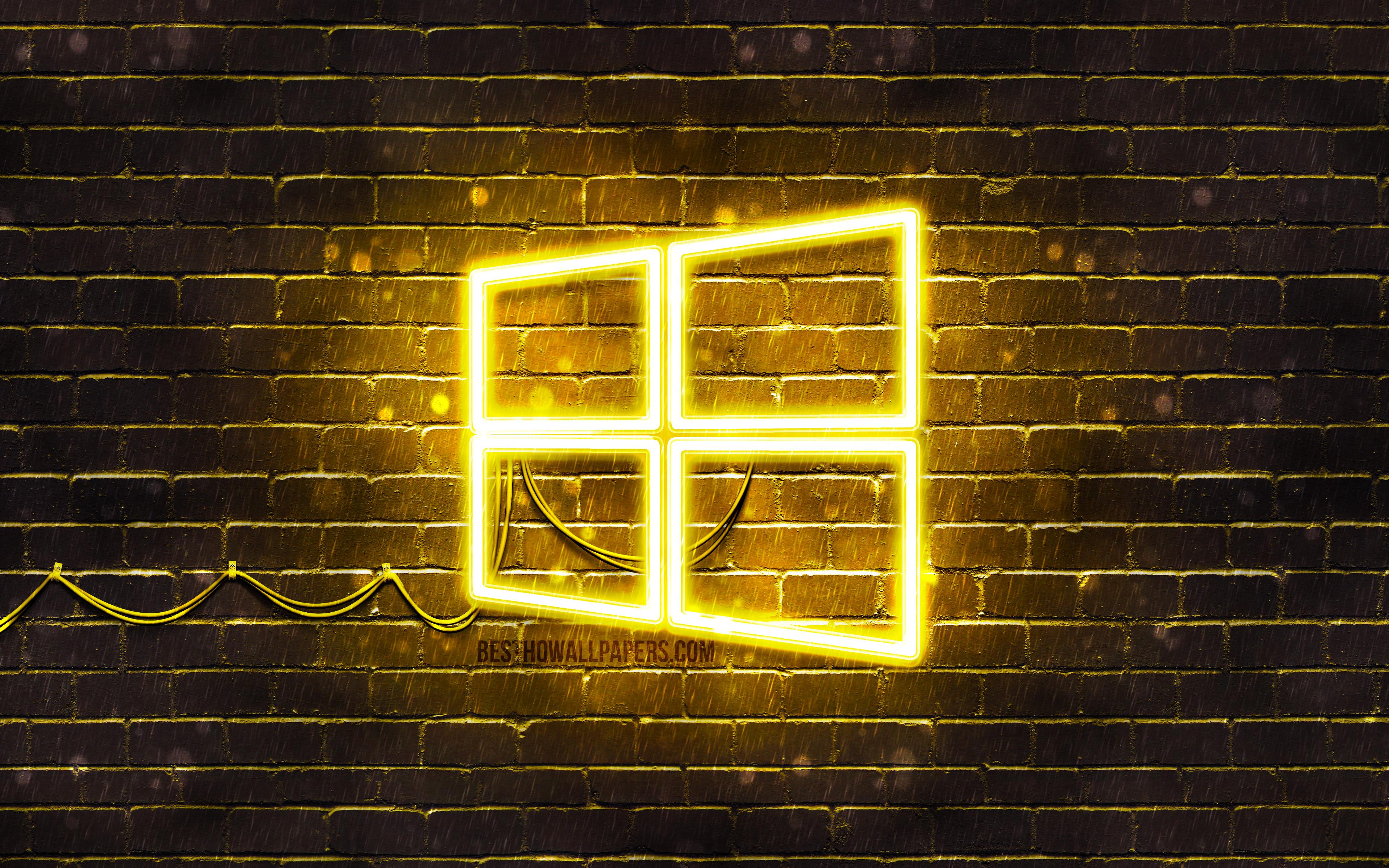 3840x2400 Windows 10 Yellow Logo, 4k, Yellow Brickwall, Windows Windows 10 Wallpaper 4k