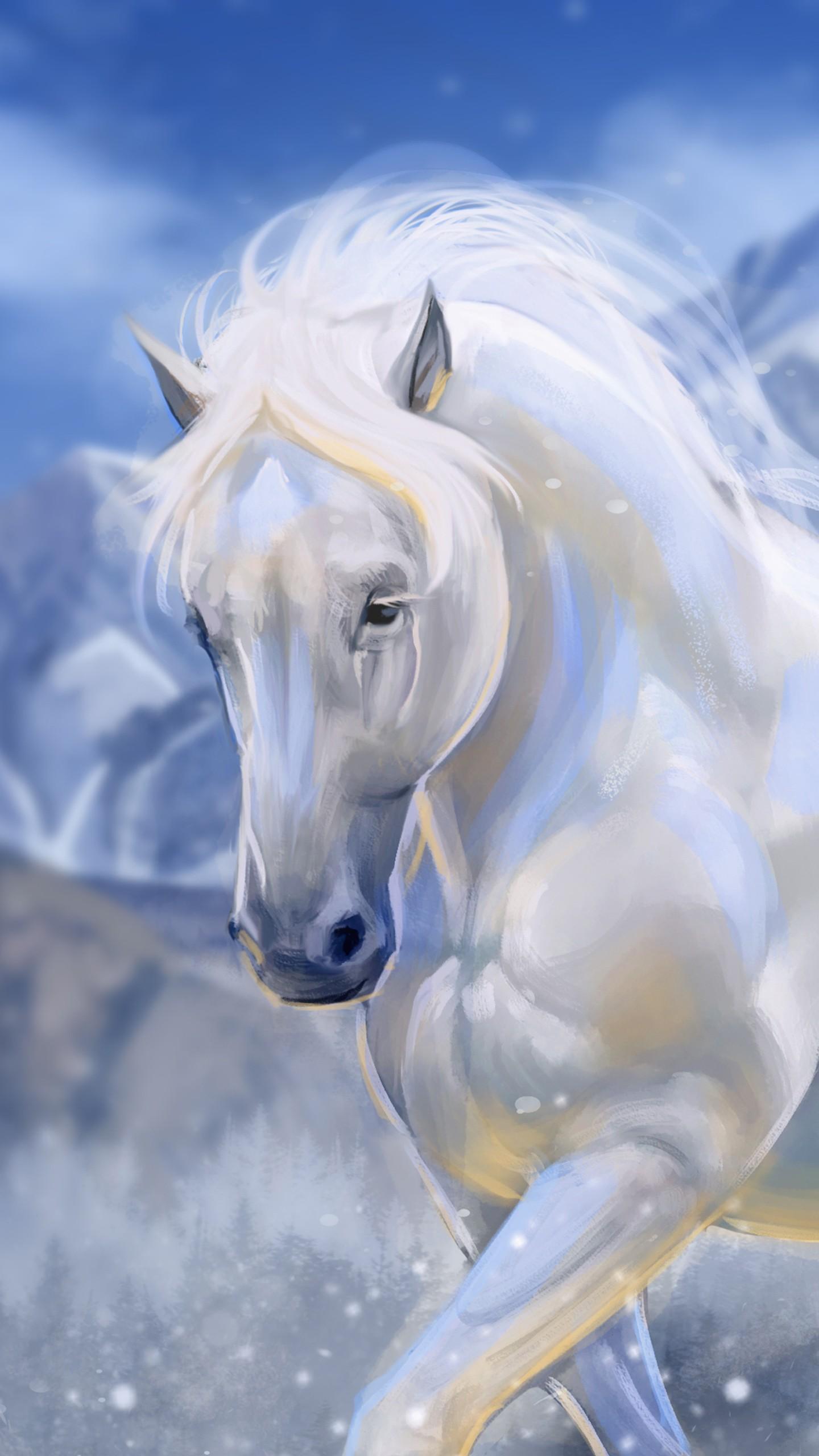 1440x2560 Artistic White Horse With Mountain Background 4K HD Horse Wallpaper
