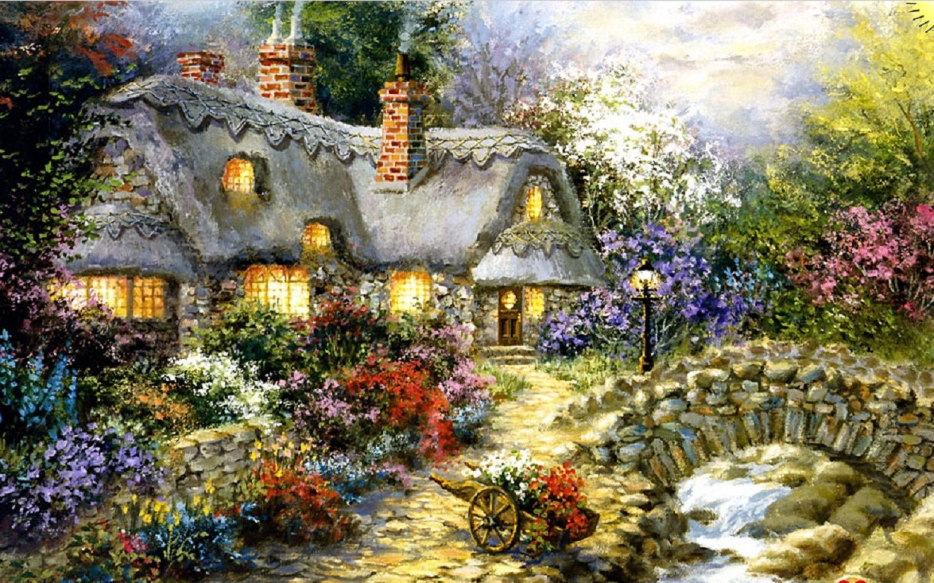 1920x1200 Cottage Flowers Bridge Creek desktop PC and Mac wallpaper
