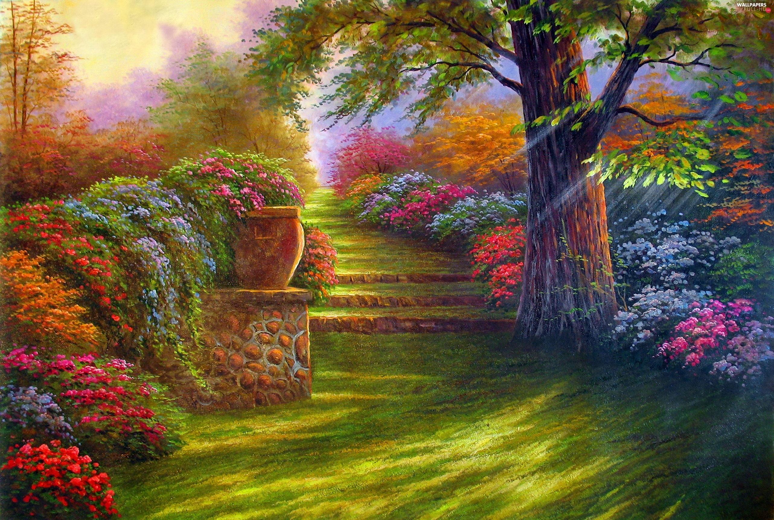 2564x1722 Flowers, Garden, Way, Stairs HD Wallpaper: 2564x1722