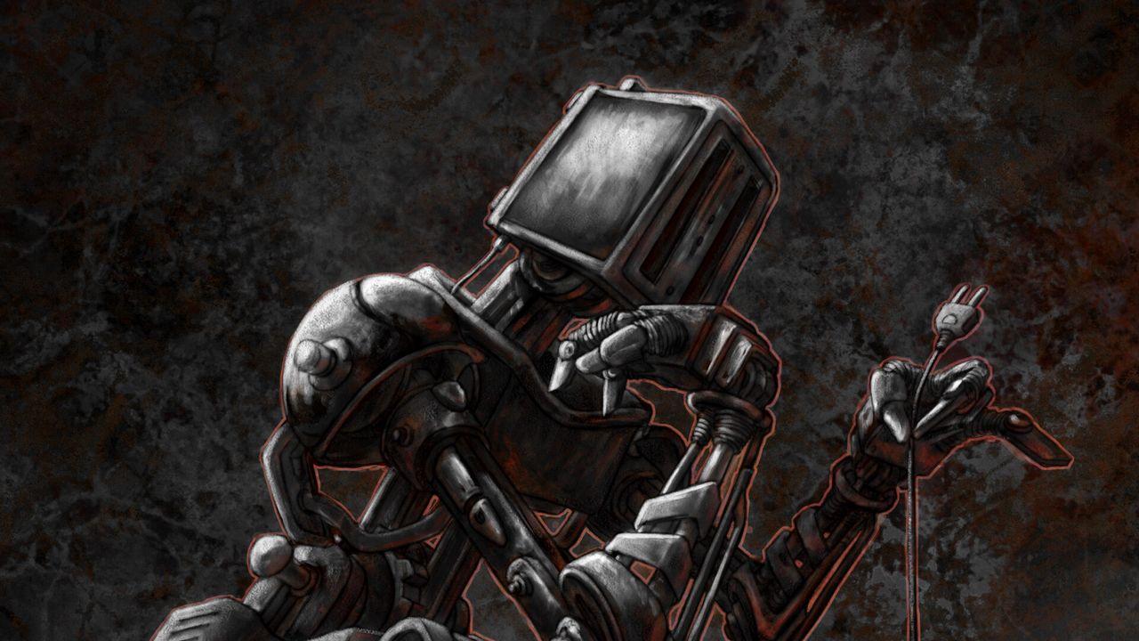 1280x720 Wallpaper tires robot sad art think