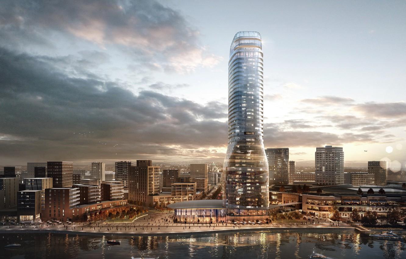 1332x850 Wallpaper the city, river, building, architecture, skyscraper, Pedro Fernandes, Belgrade Tower Visualization image for desktop, section рендеринг