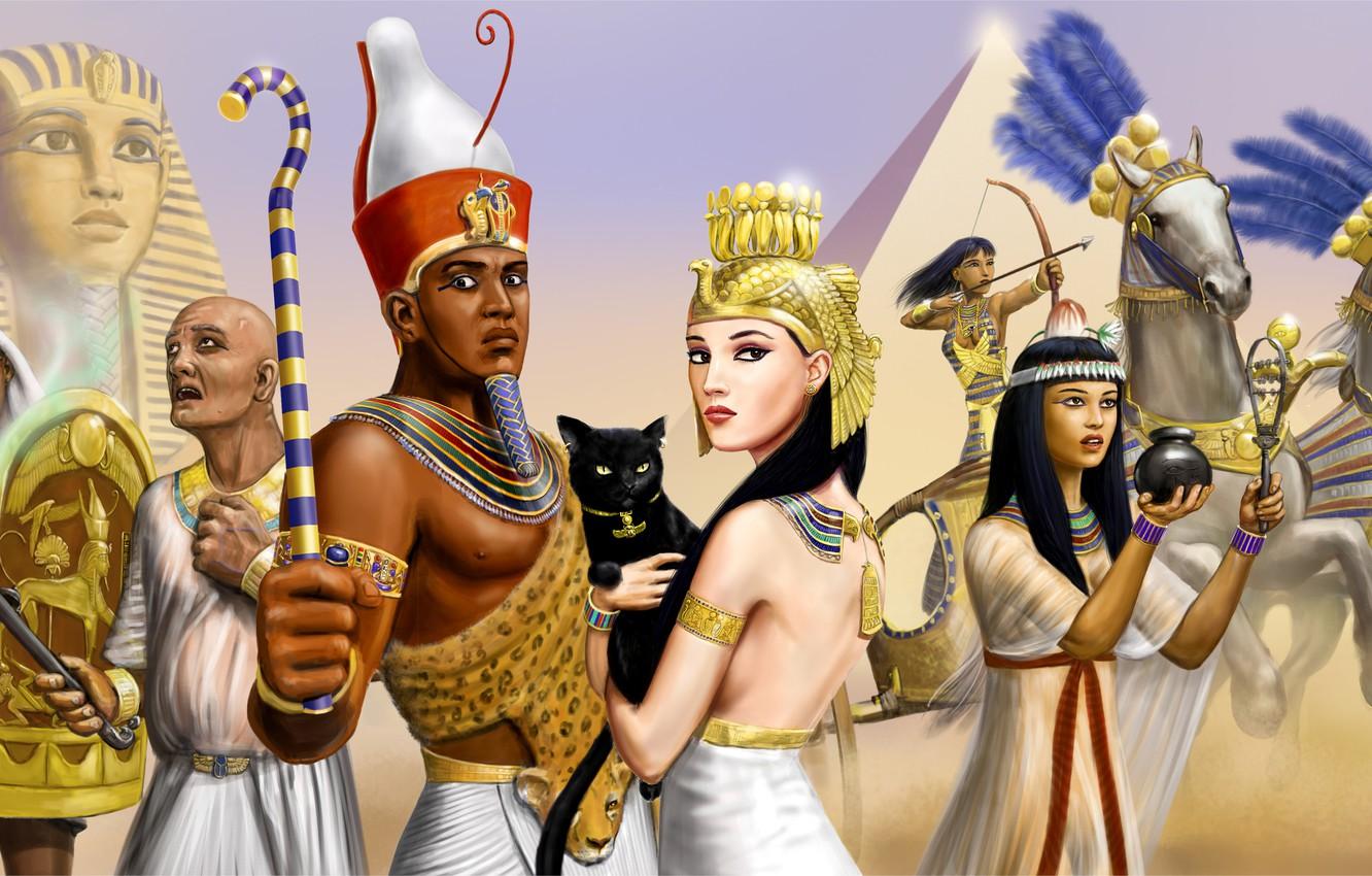 1332x850 Wallpaper cat, girls, horses, chariot, warrior, art, pyramid, Pharaoh, guys, Egypt, Sphinx, priest image for desktop, section фантастика