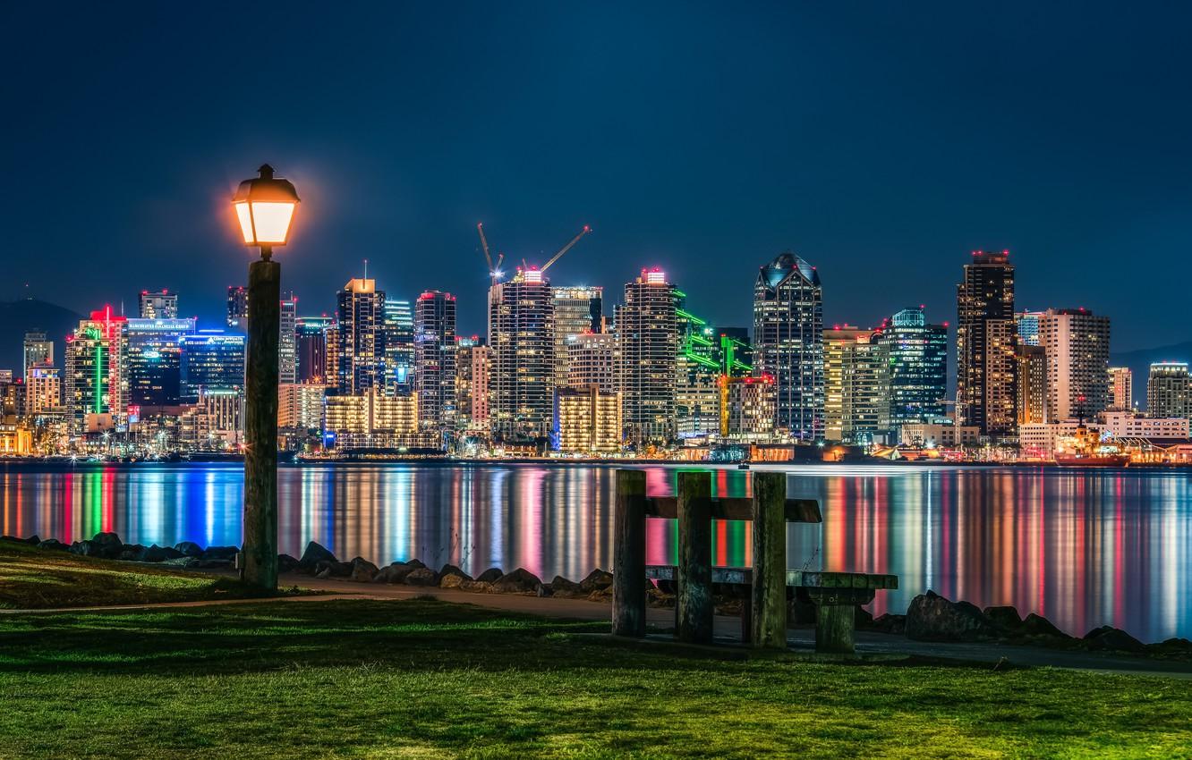 1332x850 Wallpaper lights, CA, lantern, USA, night city, bench, California, San Diego, San Diego image for desktop, section город