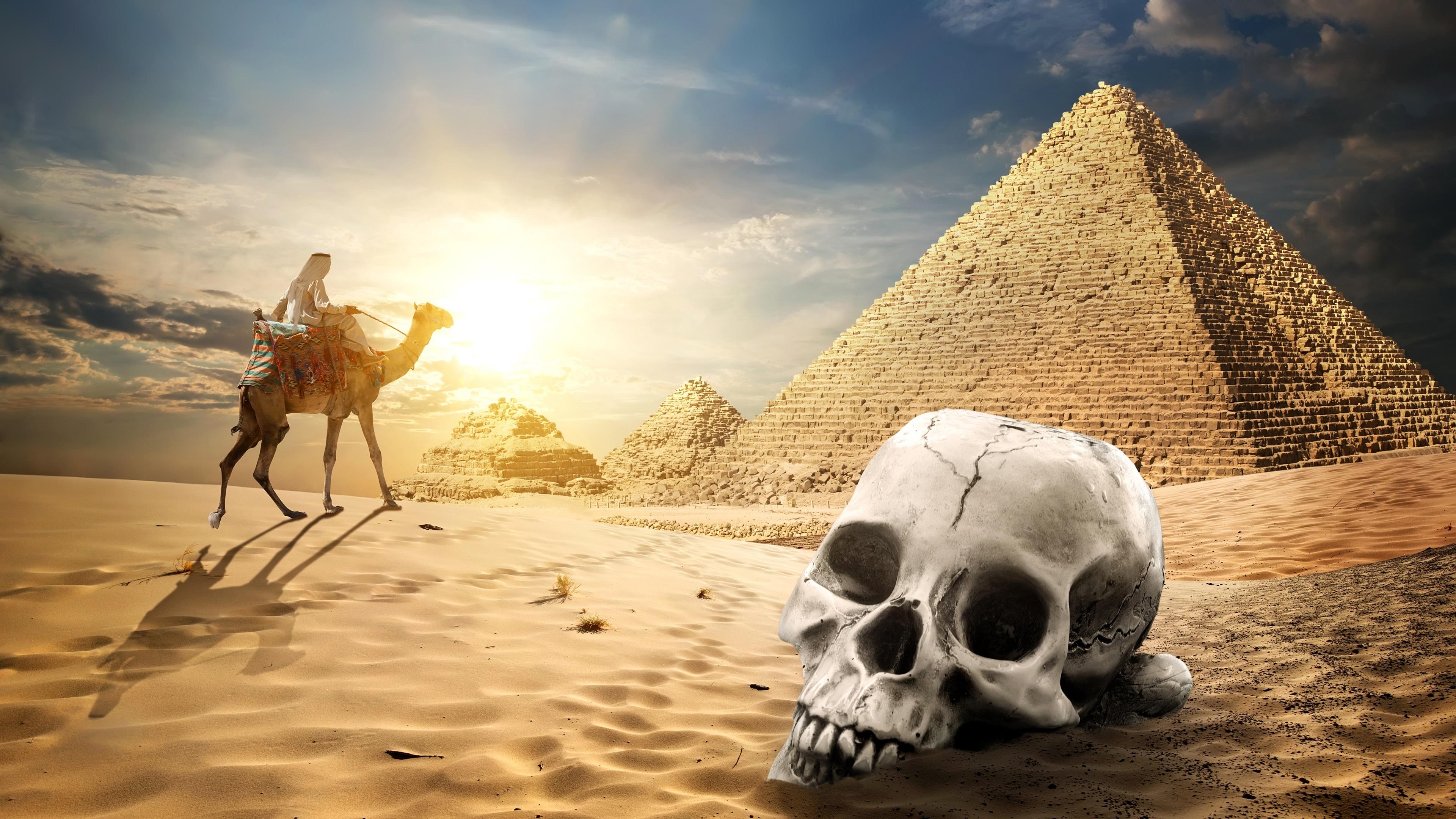 3840x2160 Wallpaper Egypt pyramid, desert, skull, camel, sunset 3840x2160 UHD 4K Picture, Image